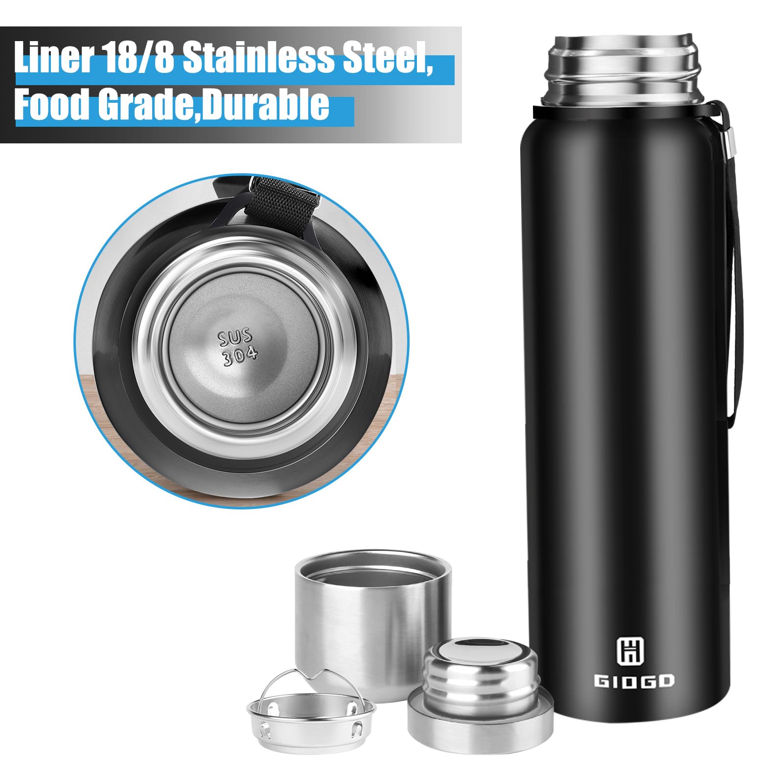 Insulated Vacuum Thermo Bottle 50Oz With Cup Lid Leakproof Stainless Water Flask For Coffee Hot And Cold Drink(Black,1500Ml)
