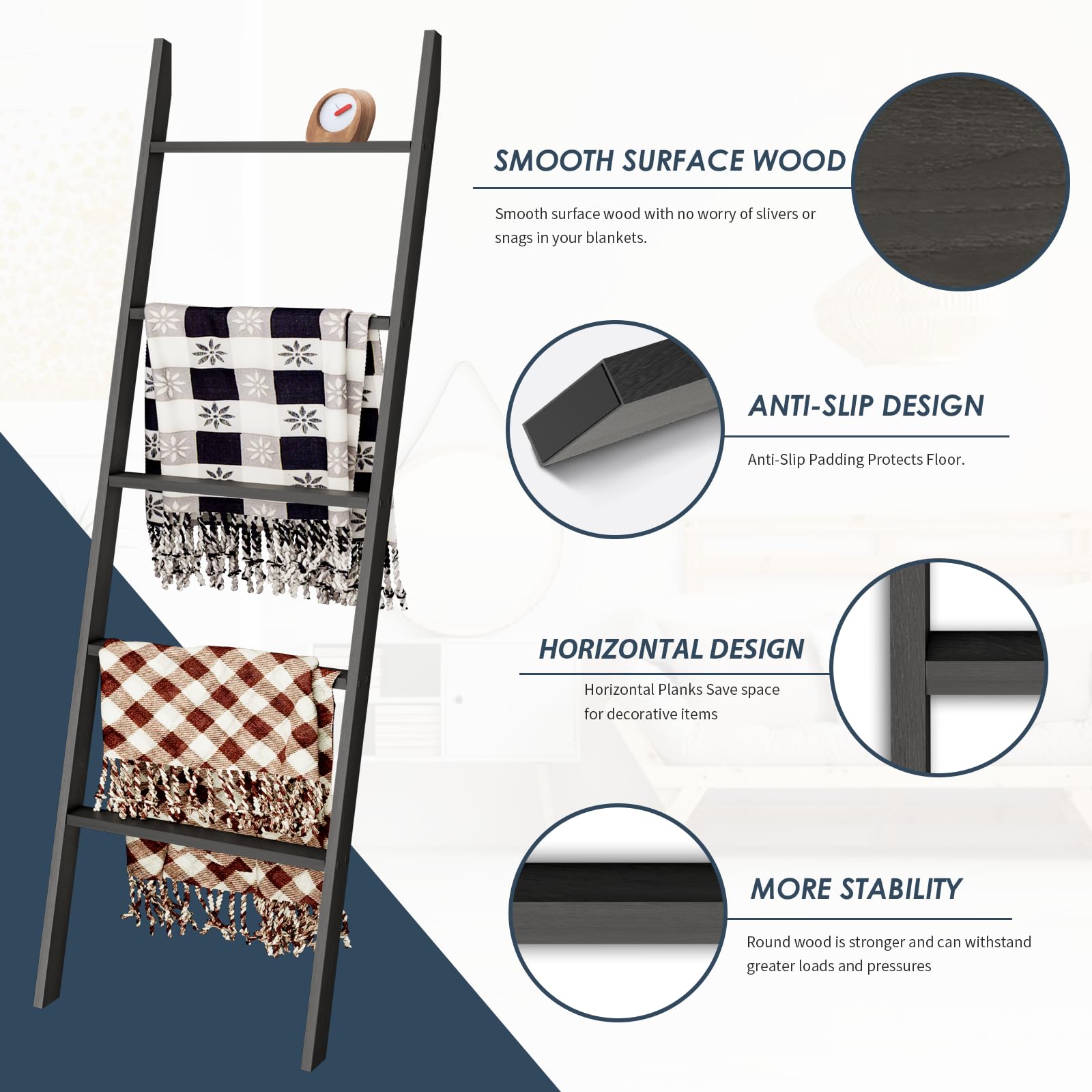 5-Tier Blanket Ladder Wooden, Non-Folding 4.8Ft(57.5'') Blanket Quilt Towel Holder Rack Decorative Ladder, Easy Assembly, Rustic