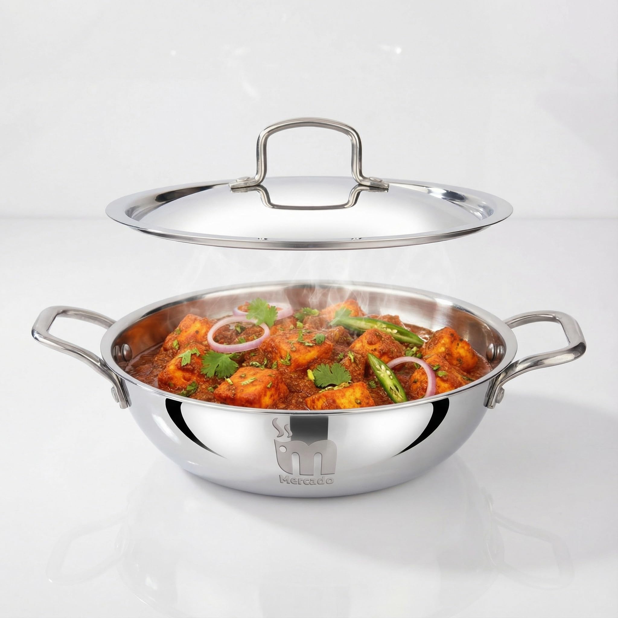 Mercado Triply Stainless Steel Kadai/Kadhai With Lid | Inner Layer Ss304 FoodGrade Steel | Even Heat Distribution | Gas & Induc