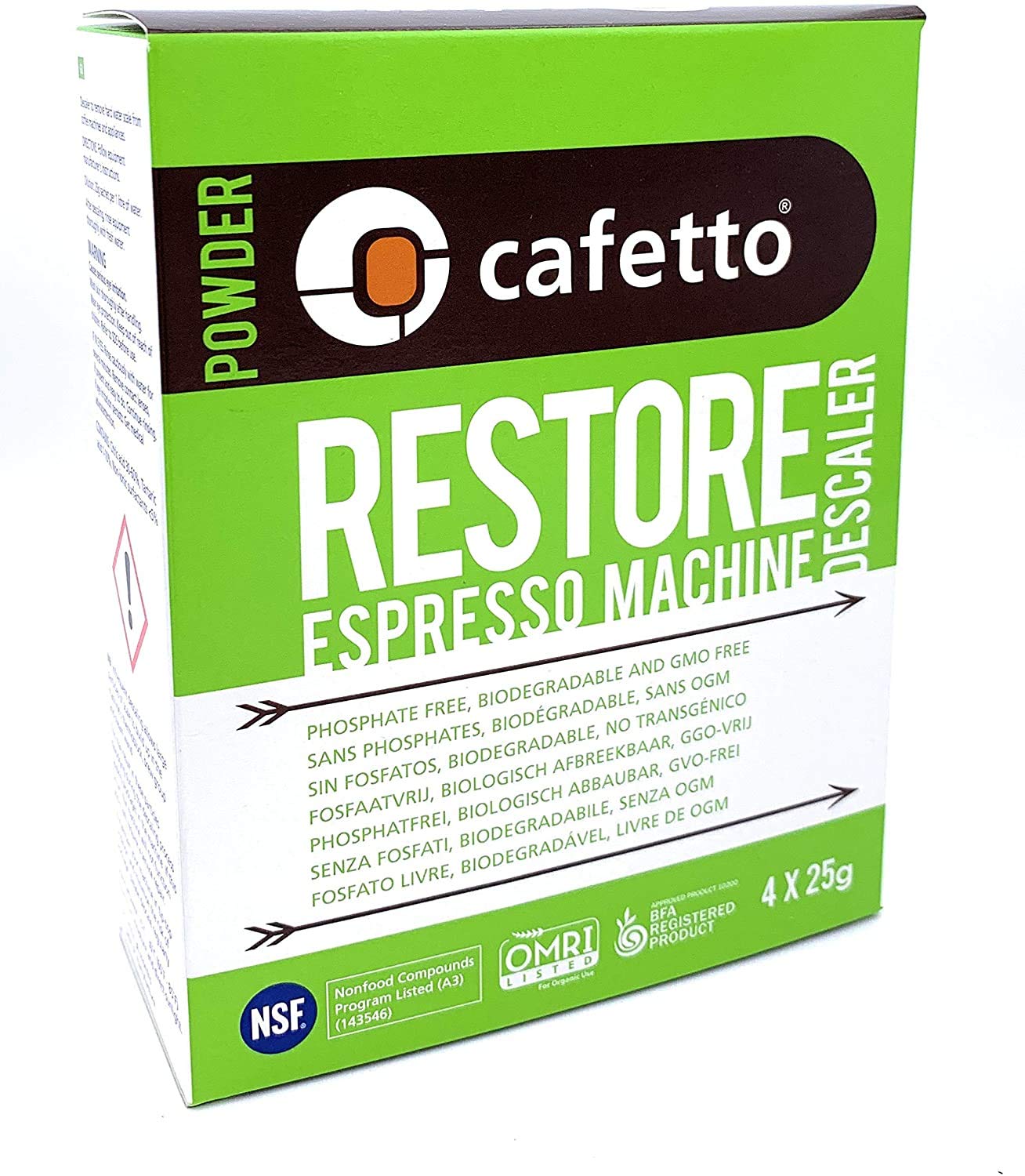Cafetto Restore Espresso Machine Descaler, Coffee Machine Cleaning Powder For Use In Organic Systems (4 Single Use Packets)