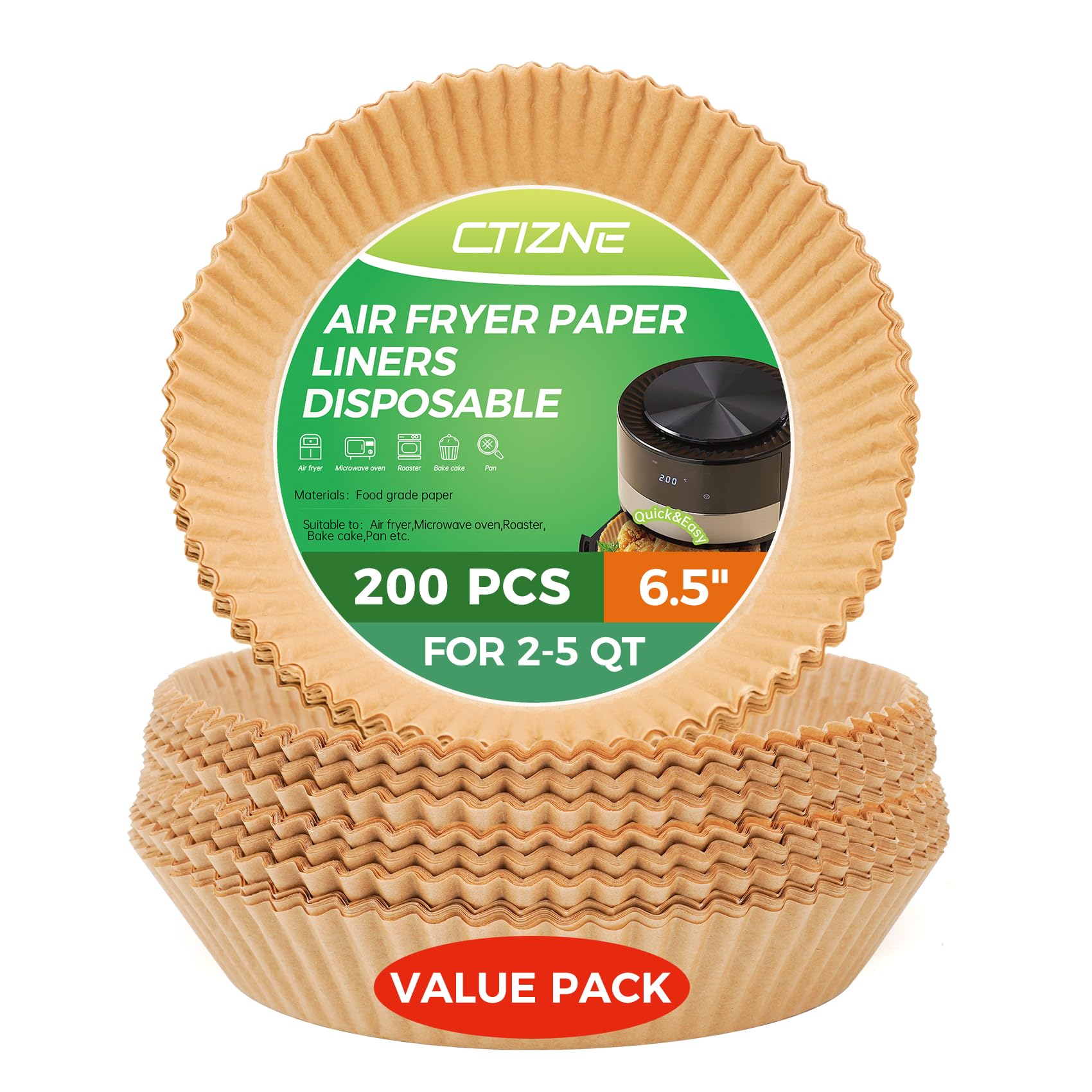 Ctizne Disposable Air Fryer Liners, 200Pcs 6.5In Round Parchment Paper Liner For Baking Roasting, Non Stick Oilproof Microwave O