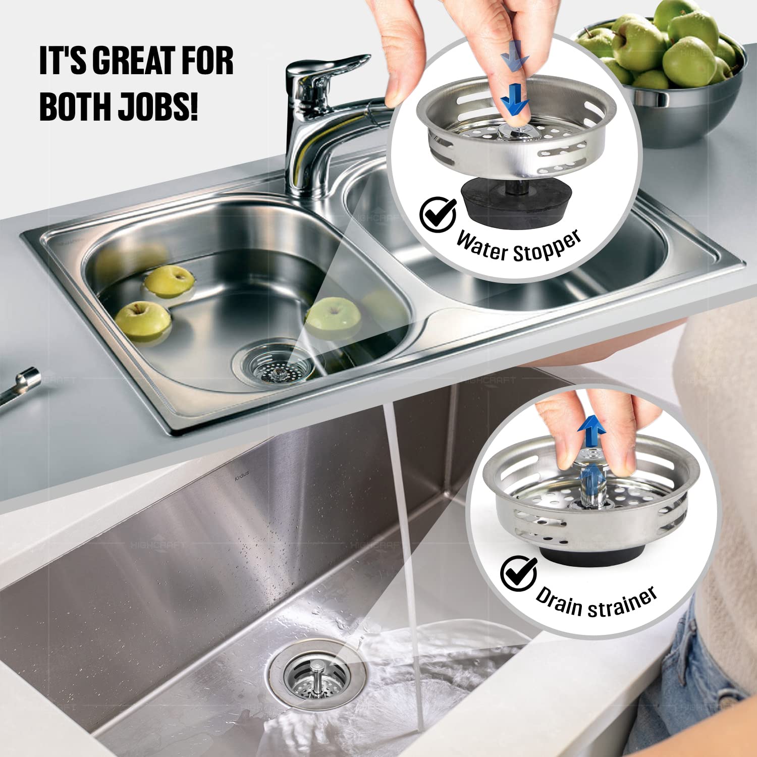 Highcraft 9843-2 Stainless Steel Kitchen Sink Strainer Basket Replacement for Standard Drains (3-1/2 Inch) -Universal Style Rubber Stopper (Pack of 2)