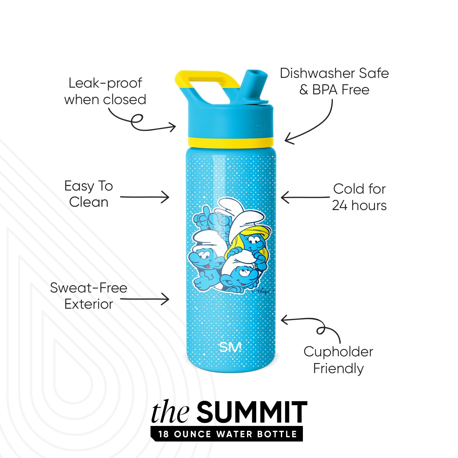 Simple Modern Kids Summit Water Bottle with Straw Lid | Smurfs 18oz Stainless Steel Cup Insulated Tumbler for Boys, Girls, Schoo