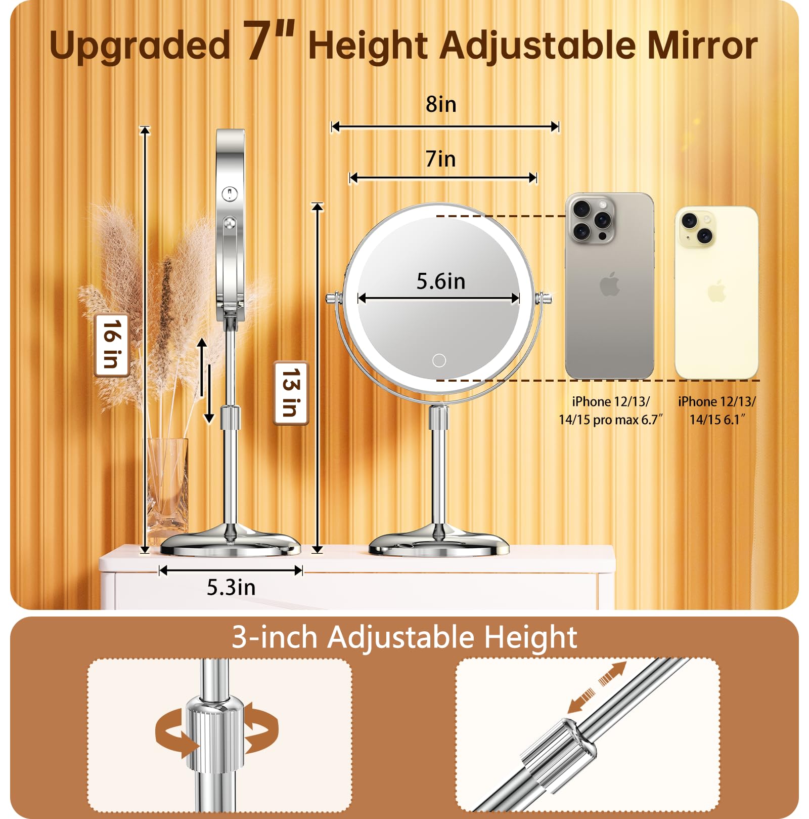 Gospire Lighted Makeup Mirror With Magnification 10X, Height Adjustable & 3 Color Dimmable Lights 7'' Cosmetic Mirror, 360 Swive
