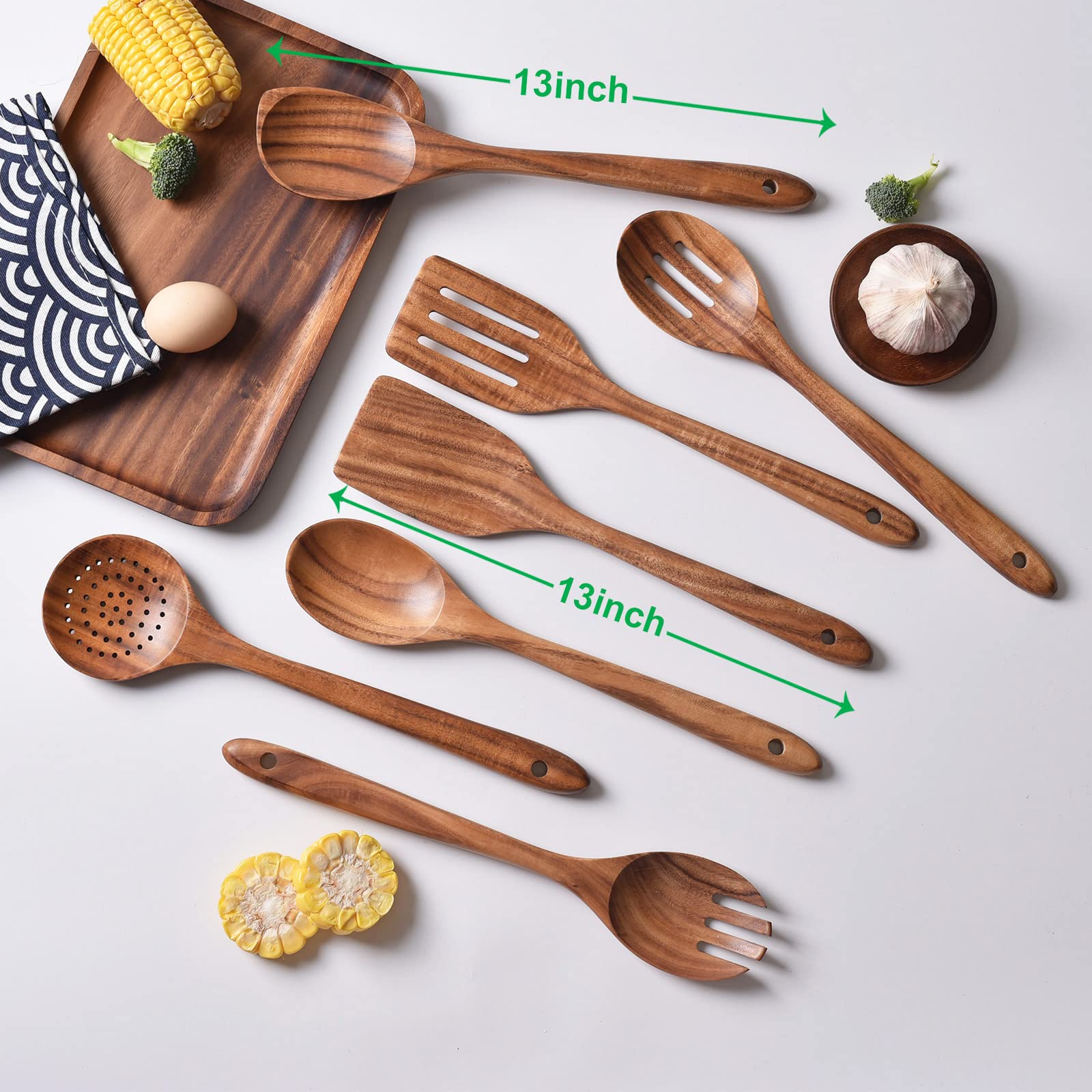 Gudamaye 13 Inch Long Wooden Utensils For Cooking, Long Handle Wooden Spoons For Cooking, 7 Pces Crafting Wooden Spoon Set, Wood