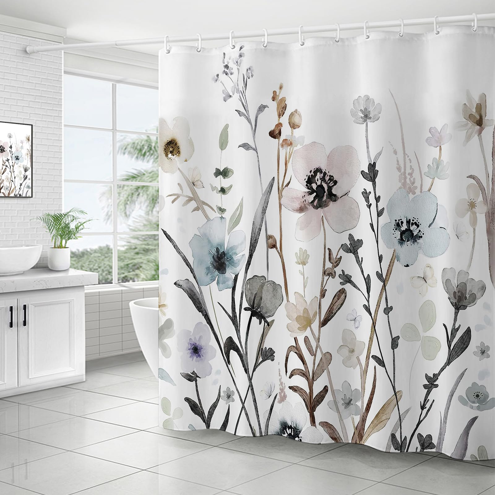 Zchomi Grey Pink Blue Floral Shower Curtain Watercolor Flower Shower Curtain For Bathroom Waterproof Polyester Fabric Bathroom C