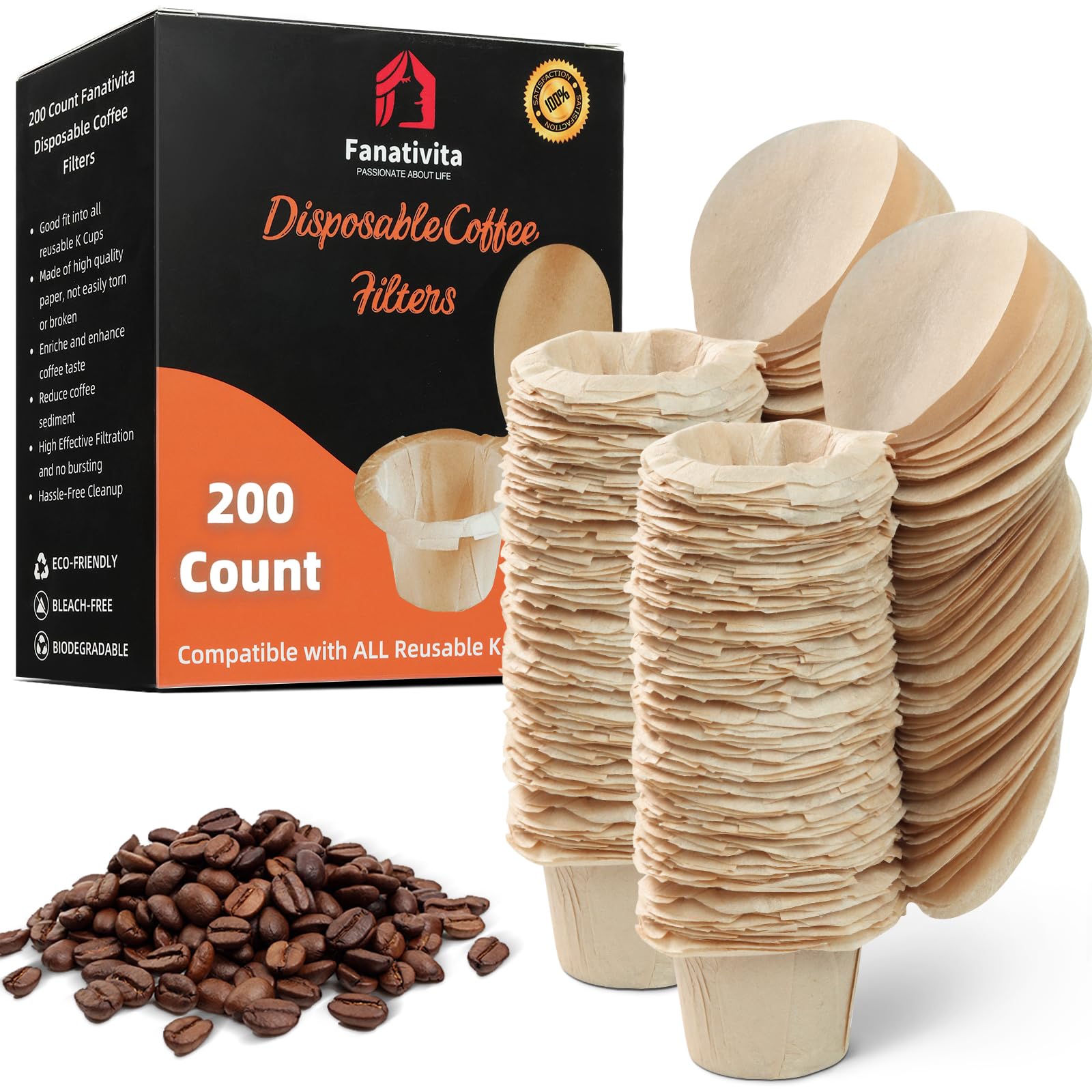 200 Count Fanativita K Cup Filters Disposable With Genius Lid Design, Fit All Reusable K Cups For Keurig (Unbleached)