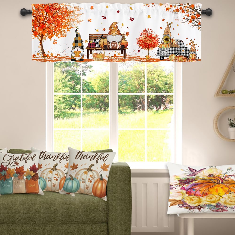 Finphoon Fall Kitchen Valances for Windows, Gnome Pumpkin Leaves Window Valances 54x18, Autumn Thanksgiving Farmhouse Rod Pocket