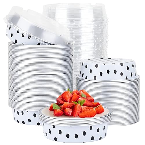 Beasea Mini Tart Pans with Lids 100 Pack  4? 8oz Disposable Aluminum Baking Foil Tins Round Small White Black Dot Container for Individual Cupcake Dessert Muffin Ramekin Cheesecake Quiche Oven Dishes