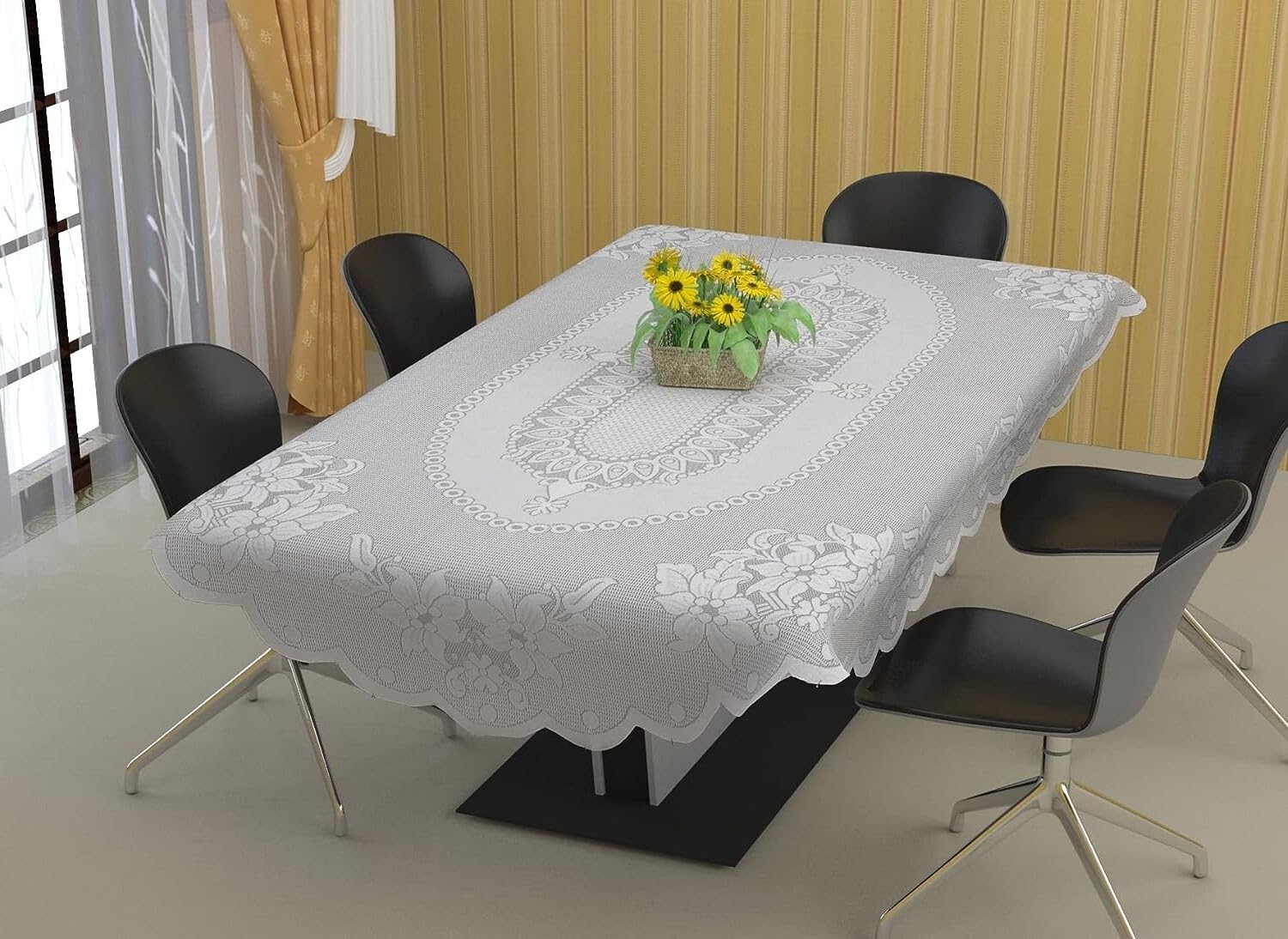 EASTTARDOMM Floral 6 Seater Oval Size Dining Table Cloth/Table Cover (Oval Shape (Net Cloth), Polyester) (White)