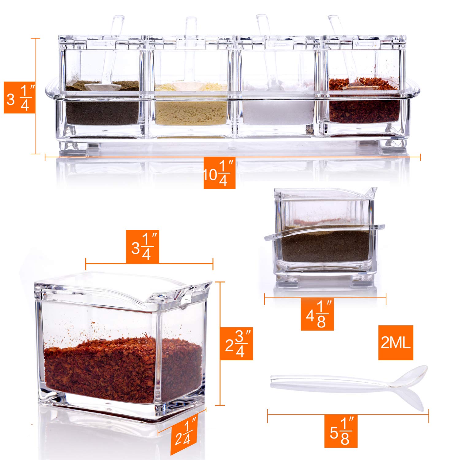 ME.FAN Clear Seasoning Rack Spice Pots - 4 Piece Acrylic Seasoning Box - Storage Container Condiment Jars - Cruet with Cover and