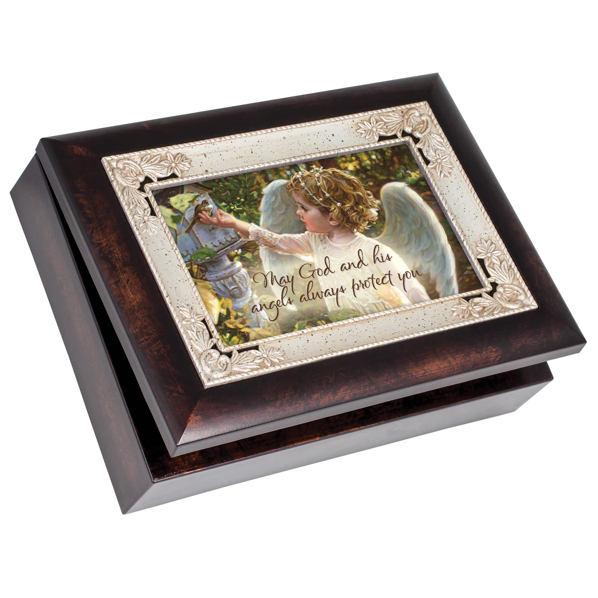 Cottage Garden May God and His Angels Burlwood Jewelry Music Box Plays Amazing Grace