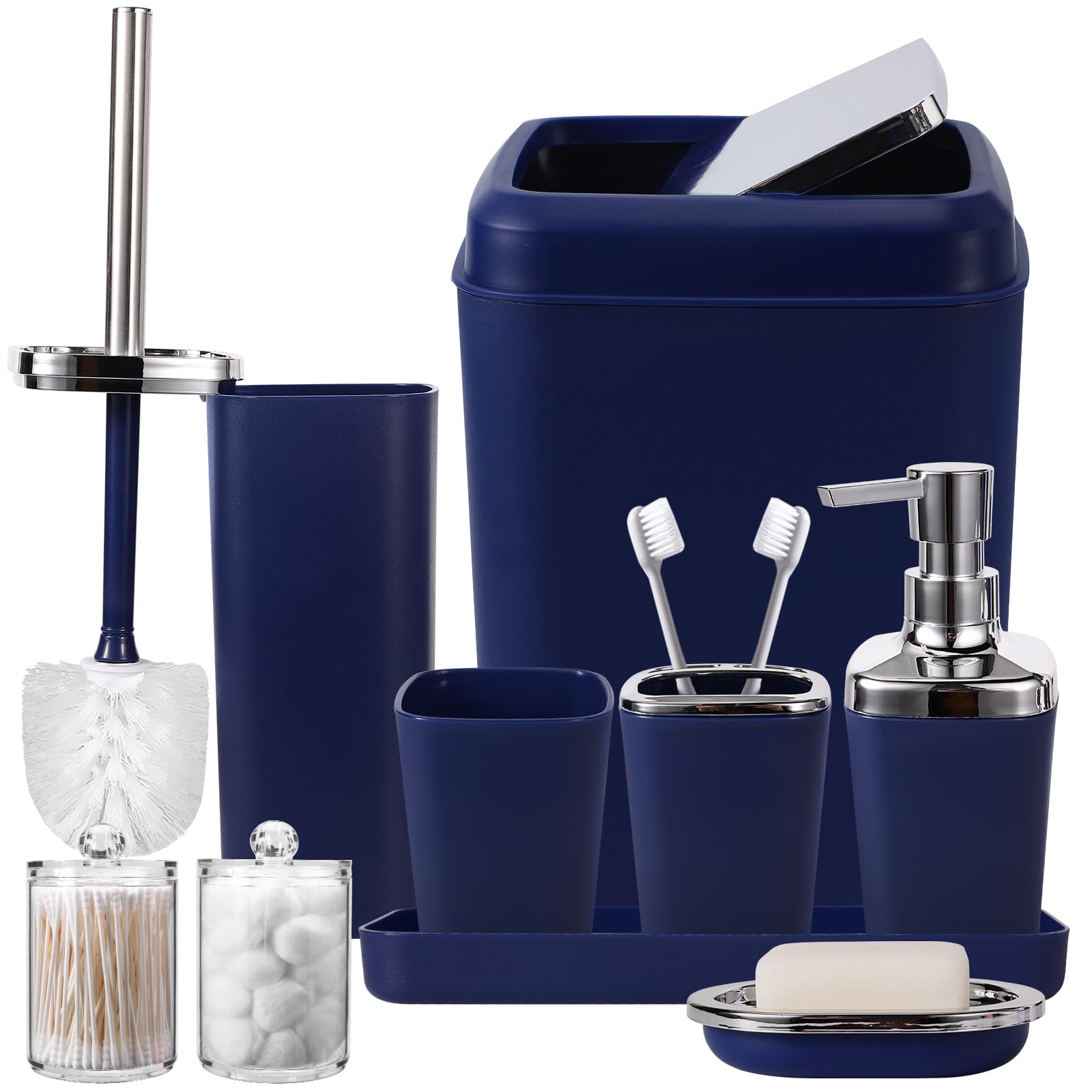 Xlhomo Navy Blue Bathroom Accessories Set 9-Piece Plastic Gift Set With Trash Can, Toothbrush Holder, Toothbrush Cup, Soap Dispe