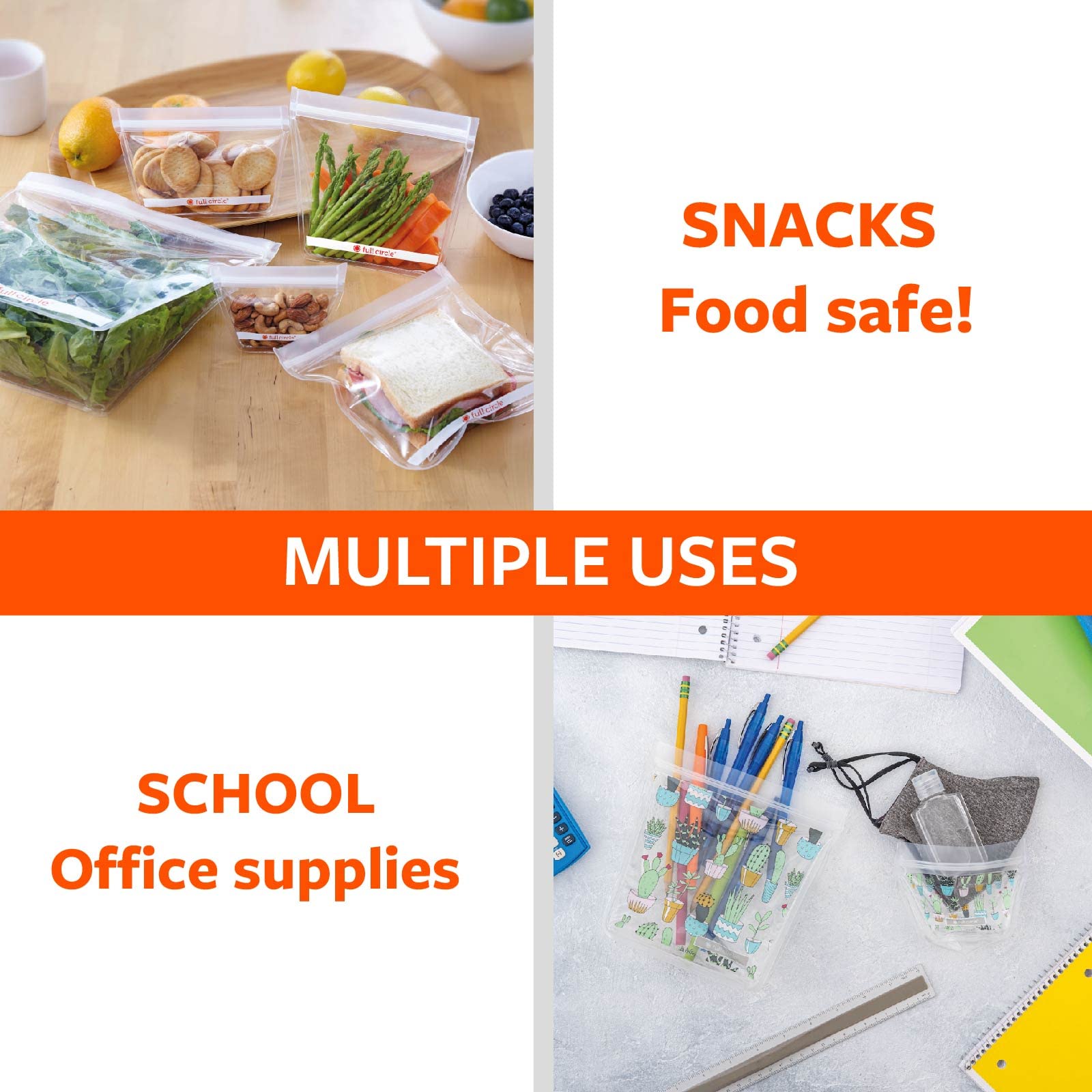 Full Circle Ziptuck Reusable Snack Bags - Multi-Use Leak-Free Food-Safe Storage Bags - Bpa-Free - Set Of 2, Cactus Party
