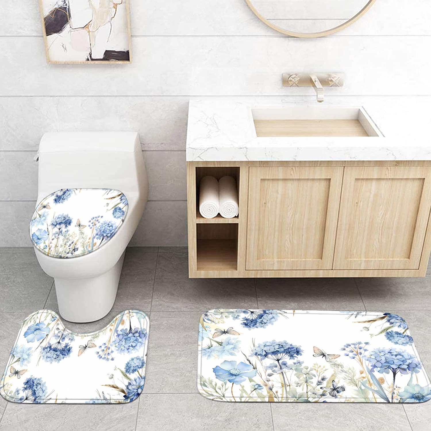 Pretyw 4-Piece Blue Floral Shower Curtain Set Butterfly Flowers Bathroom Set With Shower Curtain And Rugs, Blue White Bath Curta