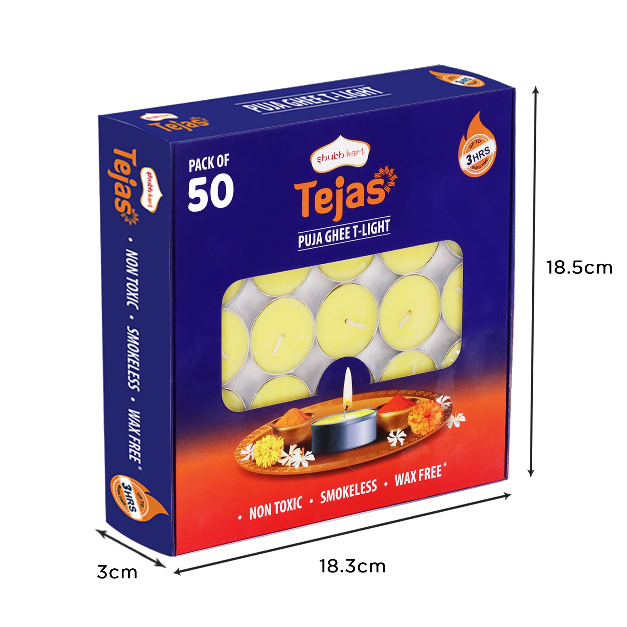 Shubhkart Tejas Puja Ghee T-Light Candles 50N | Non Toxic Smokeless & Wax Free Tea Light Candles Perfect For Home Decor, Prayers
