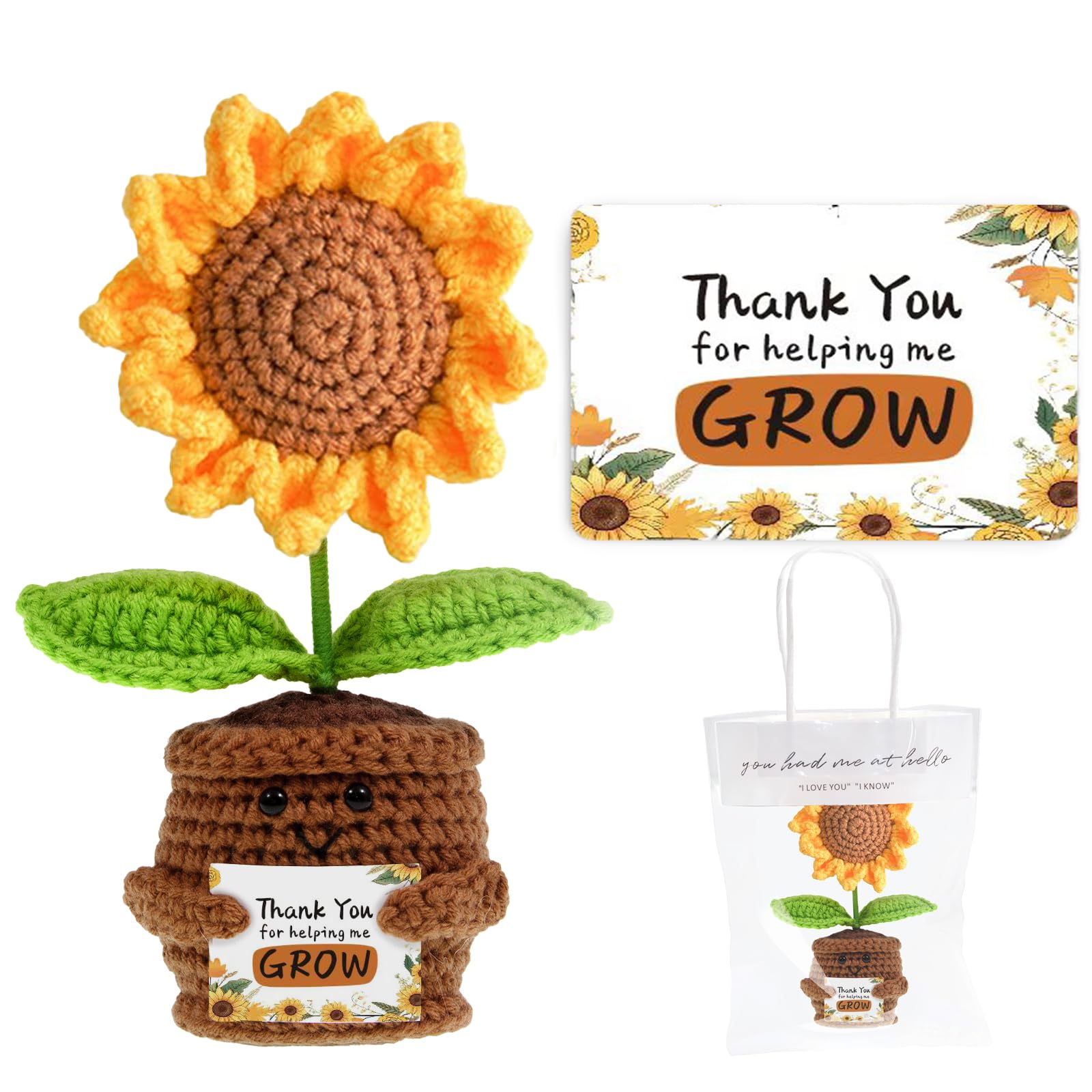Hand Made Sunflower Crochet Knitting with Inspirational Cards - Thank You for Helping Me Grow Teachers and Parents Gifts for Chr