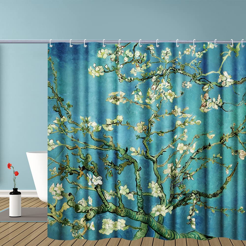 INVIN ART Bathroom Shower Curtain Set with Hooks Almond Blossom by Van Gogh Home Art Paintings Pictures for Bathroom