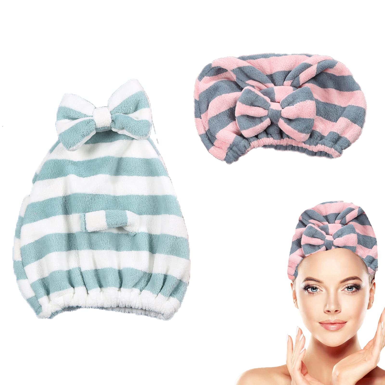 Large Microfiber Hair Towel Cap,Rapid Drying Towel For Hair,Ultra Soft Super Absorbent Hair Drying Towel Turban,Cute Green&Pink