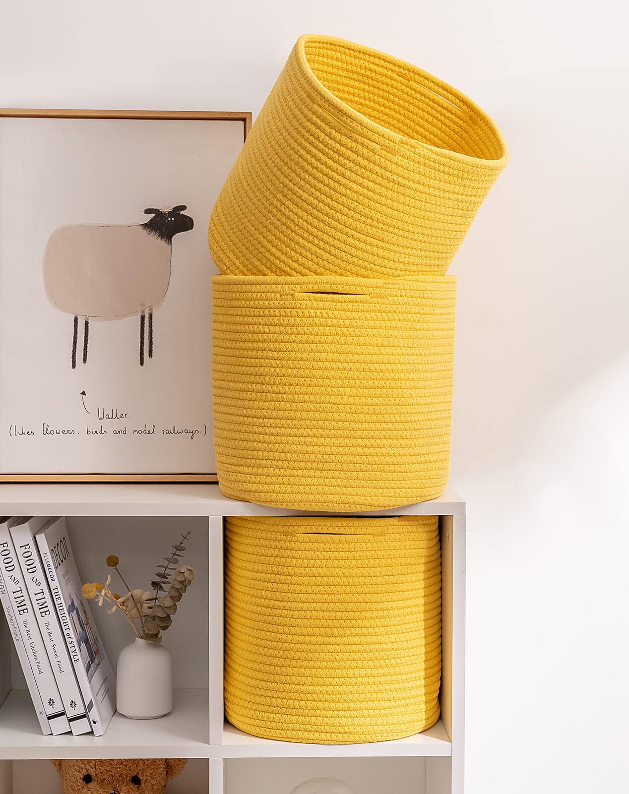 voten Storage Cubes Baskets Bins Organizer 11x11x11'' Fit 12x12''Cube Storage Organizer Bookcases Shelf Durable Woven Cotton Storage Basket for Organizing Round 3Pack Yellow