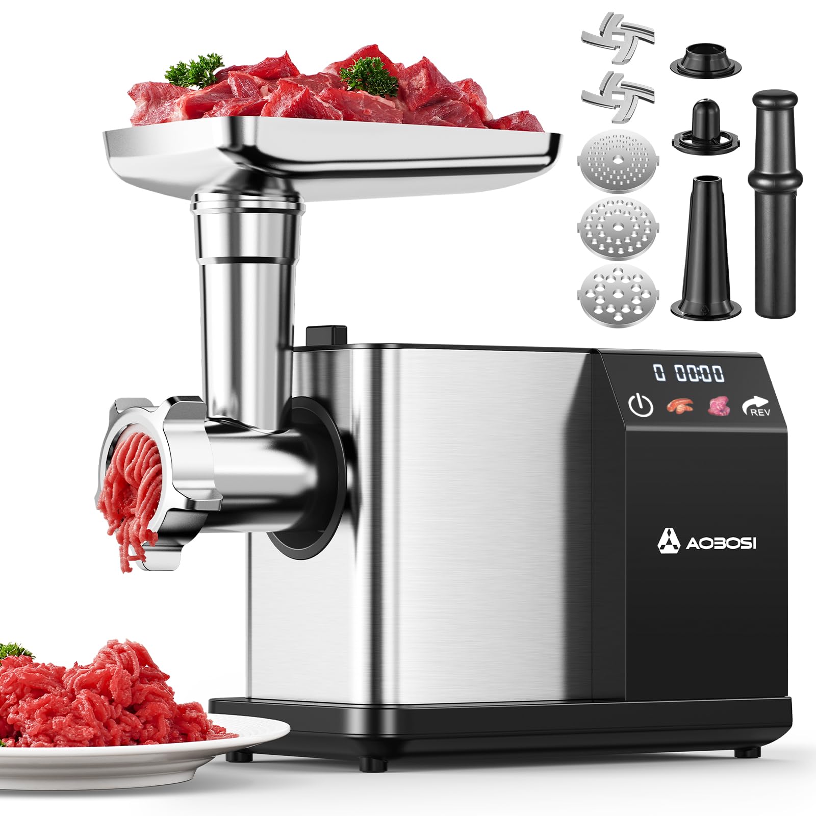 AAOBOSI Meat Grinder Electric 3000W Max with Touch Color Screen, Auto-Reverse & Built-in Storage - 3 Speed Settings,Grinding, Sa