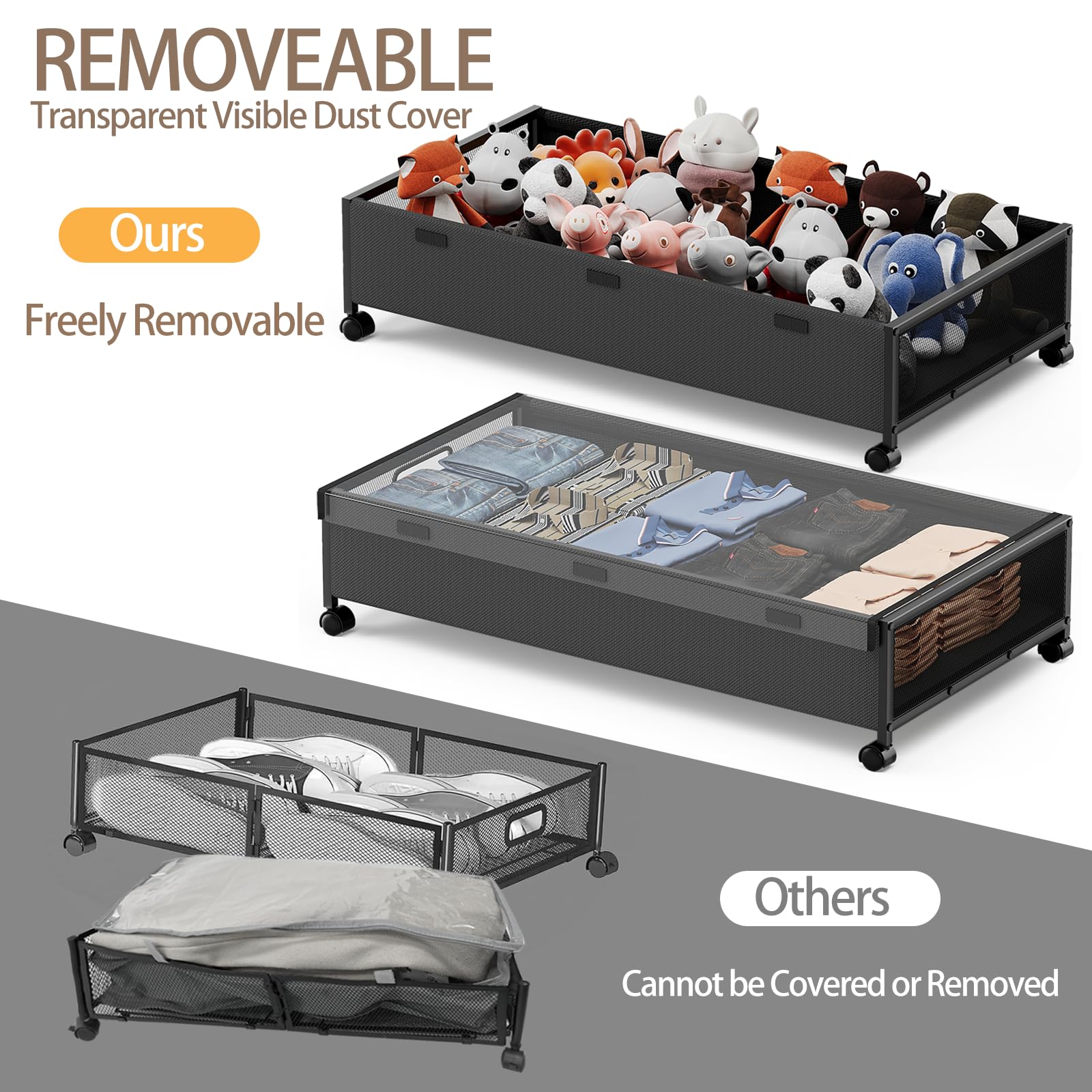 KITHELP Under Bed Storage Containers with Wheels, Underbed Shoe Storage Organizer with Removable Lids, Large Rolling Under Bed S