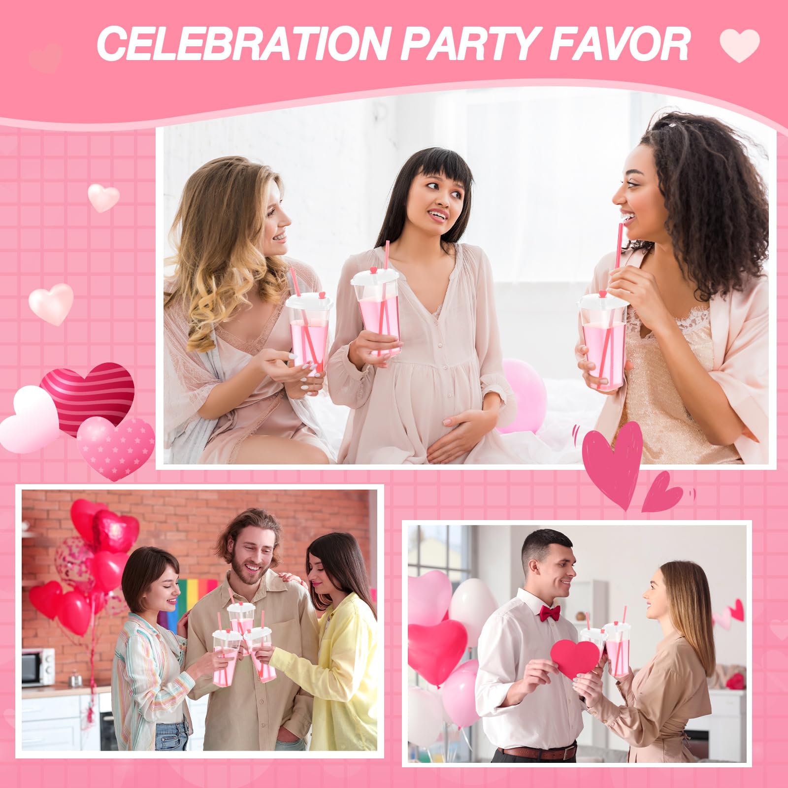 Potchen 60 Set Valentines Day Plastic Cups With Heart Shaped Straws 16 Oz Disposable Cups With Lid And Straws For Valentines Day