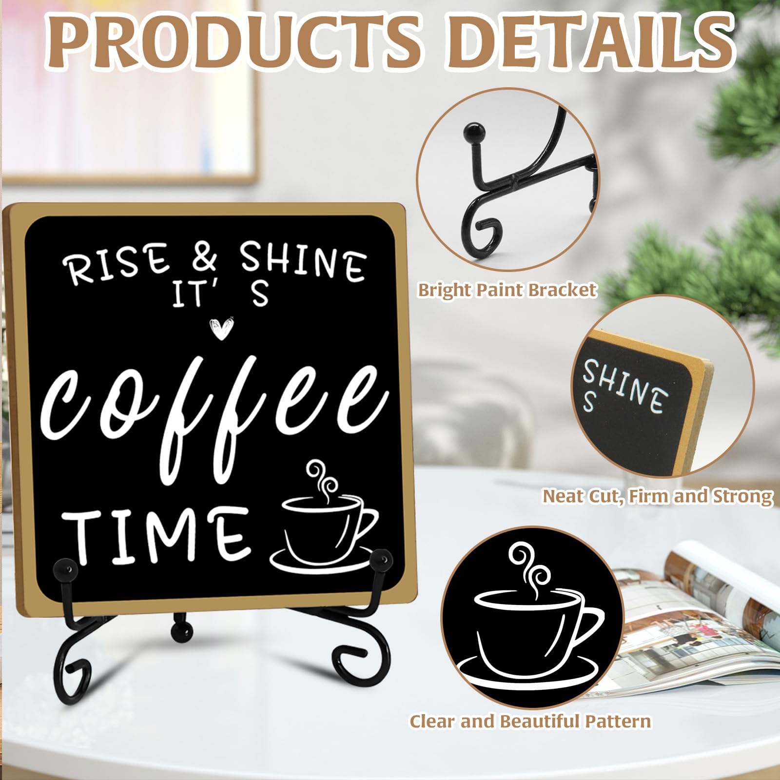 2Pcs Coffee Bar Sign Decorations, Black and White Coffee Sign Decor with Iron Stand Wooden Coffee Bar Decor Tabletop Shelf Acces