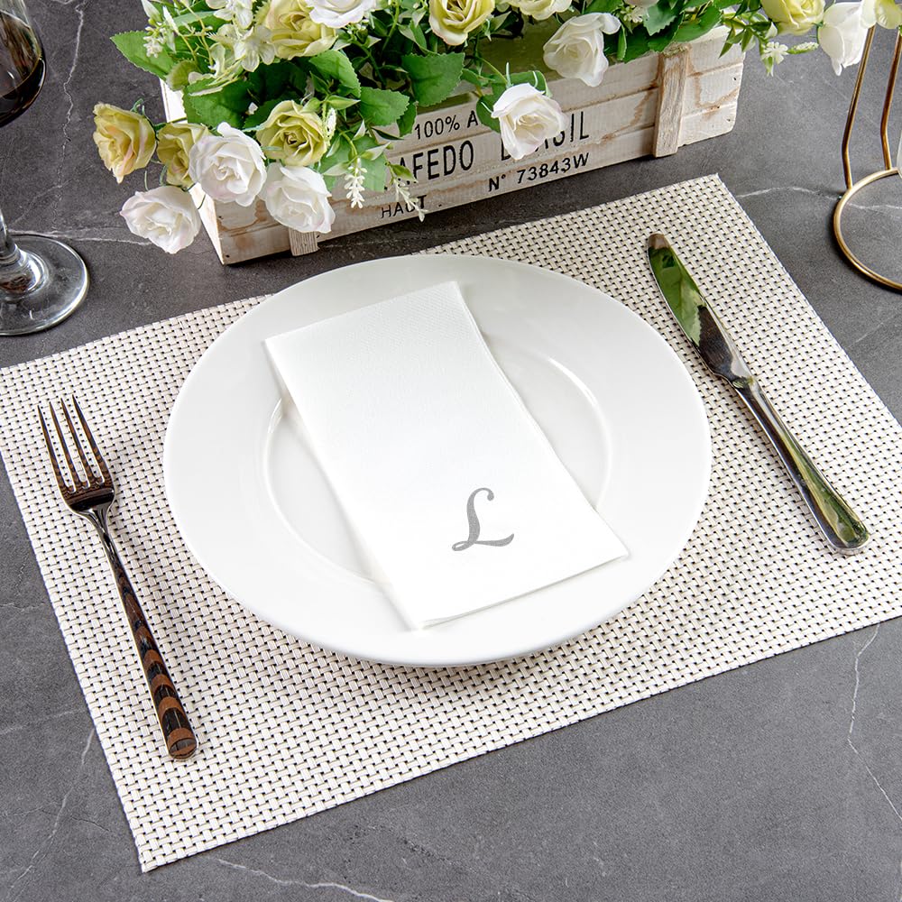 Luxenap 15.8 X 7.9 Inch Linen-Feel Guest Towels, 2000 Lettered Hand Towels - Silver Letter 'L', Cursive Font, White Paper Dinner