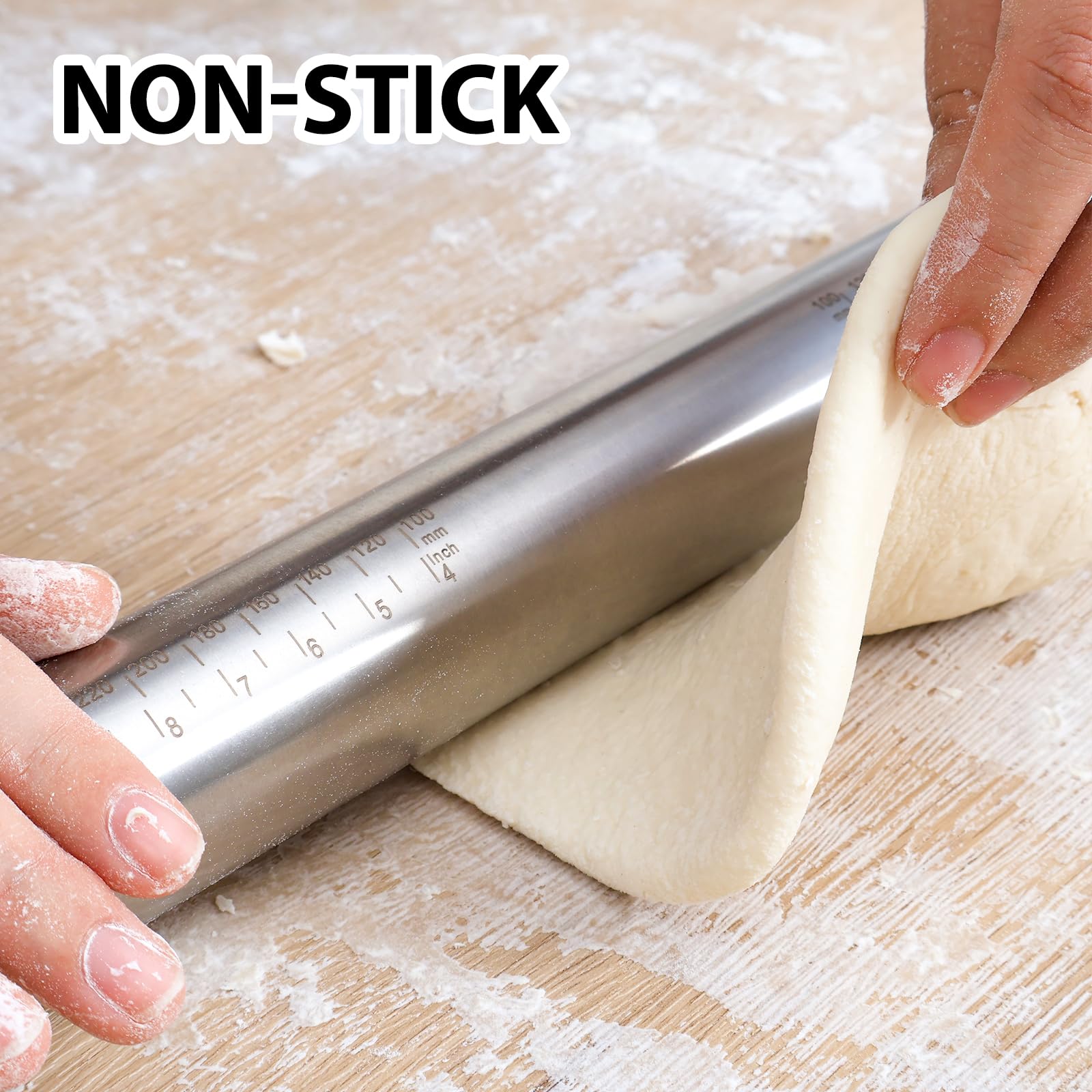 Adjustable Rolling Pin with Thickness Rings for Baking -Non Stick Stainless Steel Dough Roller Pin with Bands for Cookie Wood Wooden and Bread (Grey  17.5'')