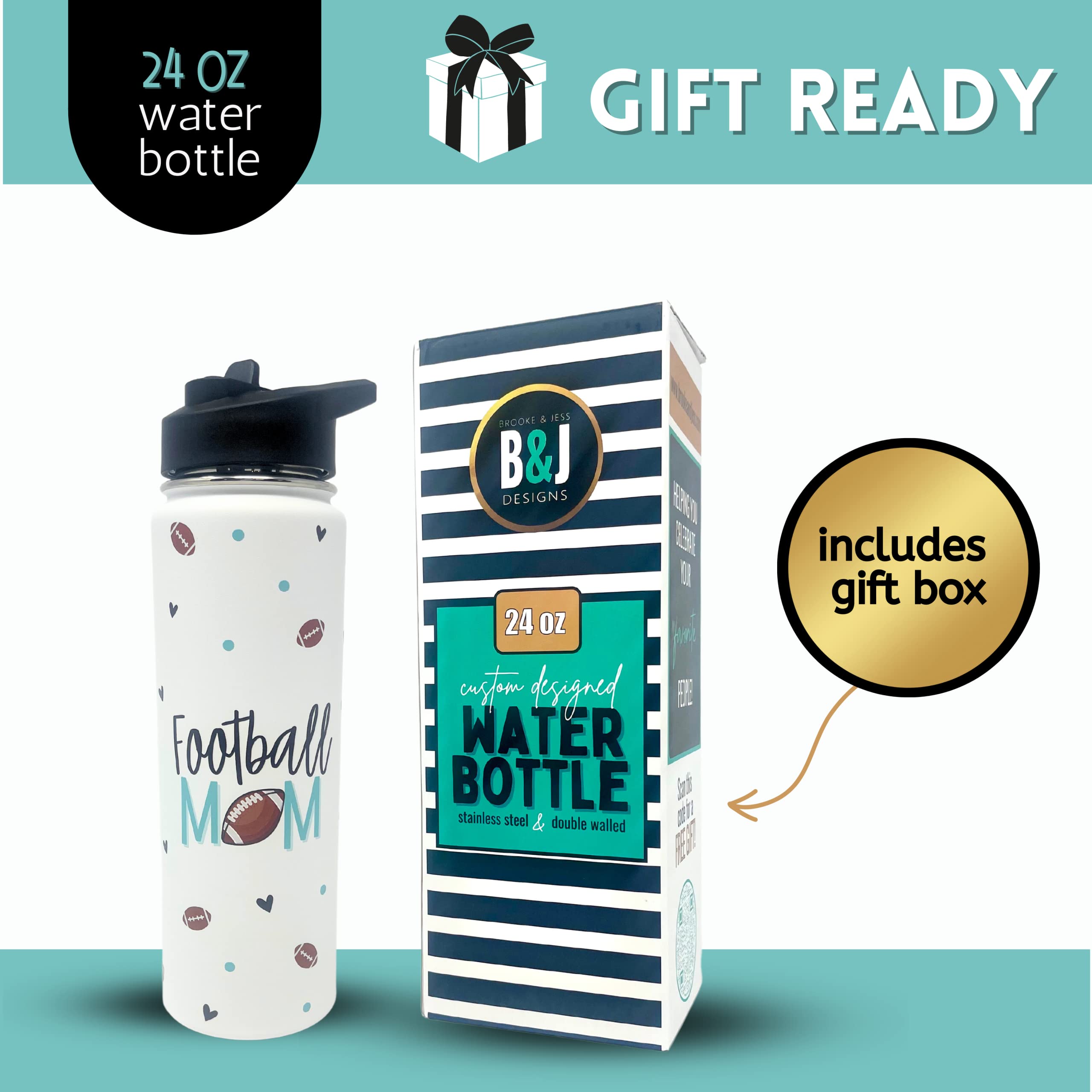 Brooke & Jess Designs Football Mom Tumbler Gifts - Large Insulated Water Bottle With Straw - Stainless Steel Metal 24 Oz Travel