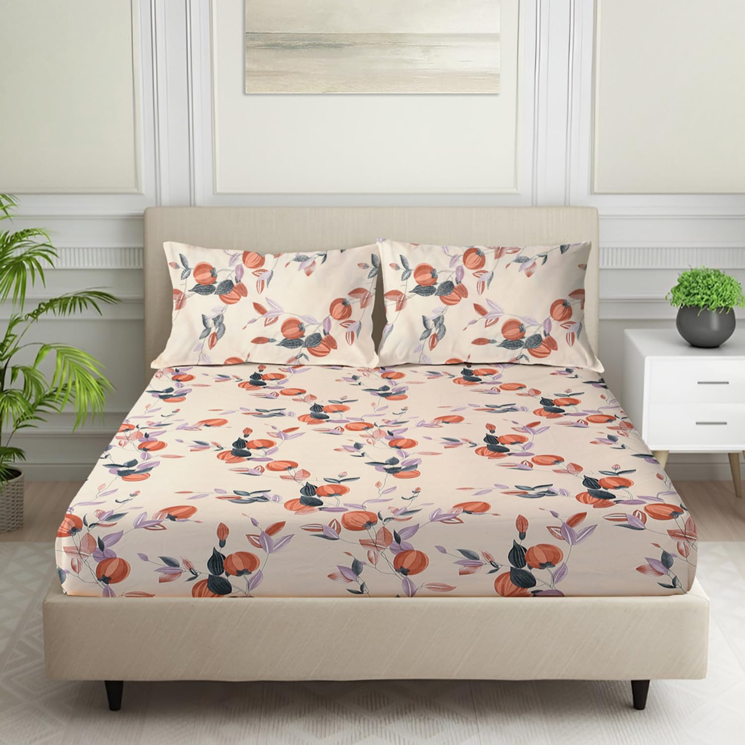 Signature Micro Cotton Feel Elastic Fitted Printed King Size Double Bed Bedsheet with 2 Pillow Covers Fits Upto 8 inches Mattres