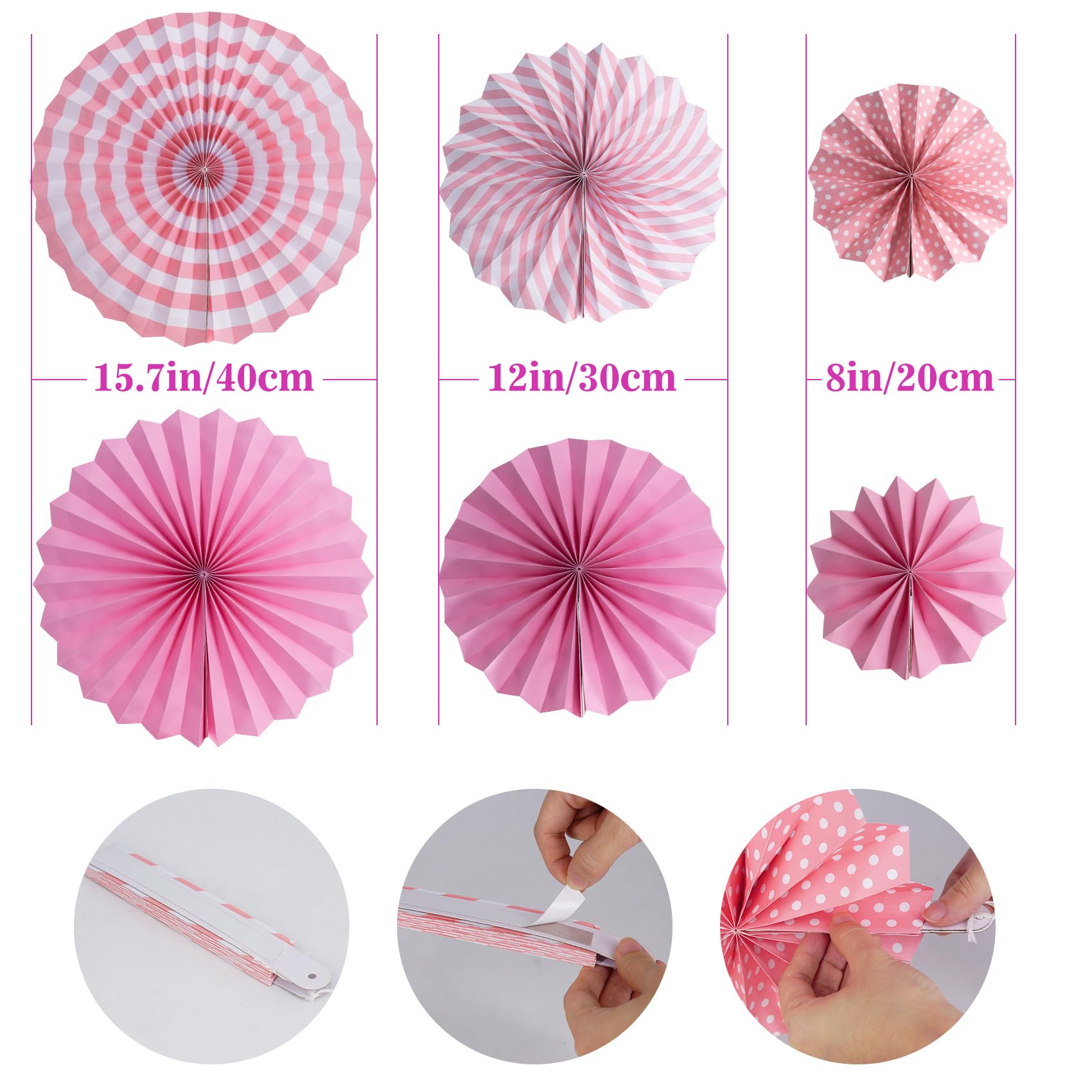 Huryfox Pink Party Decorations - 33pcs Hanging Paper Fans, Rainbow Paper Pom Poms, Fiesta Bunting and Tissue Streamers for Birth