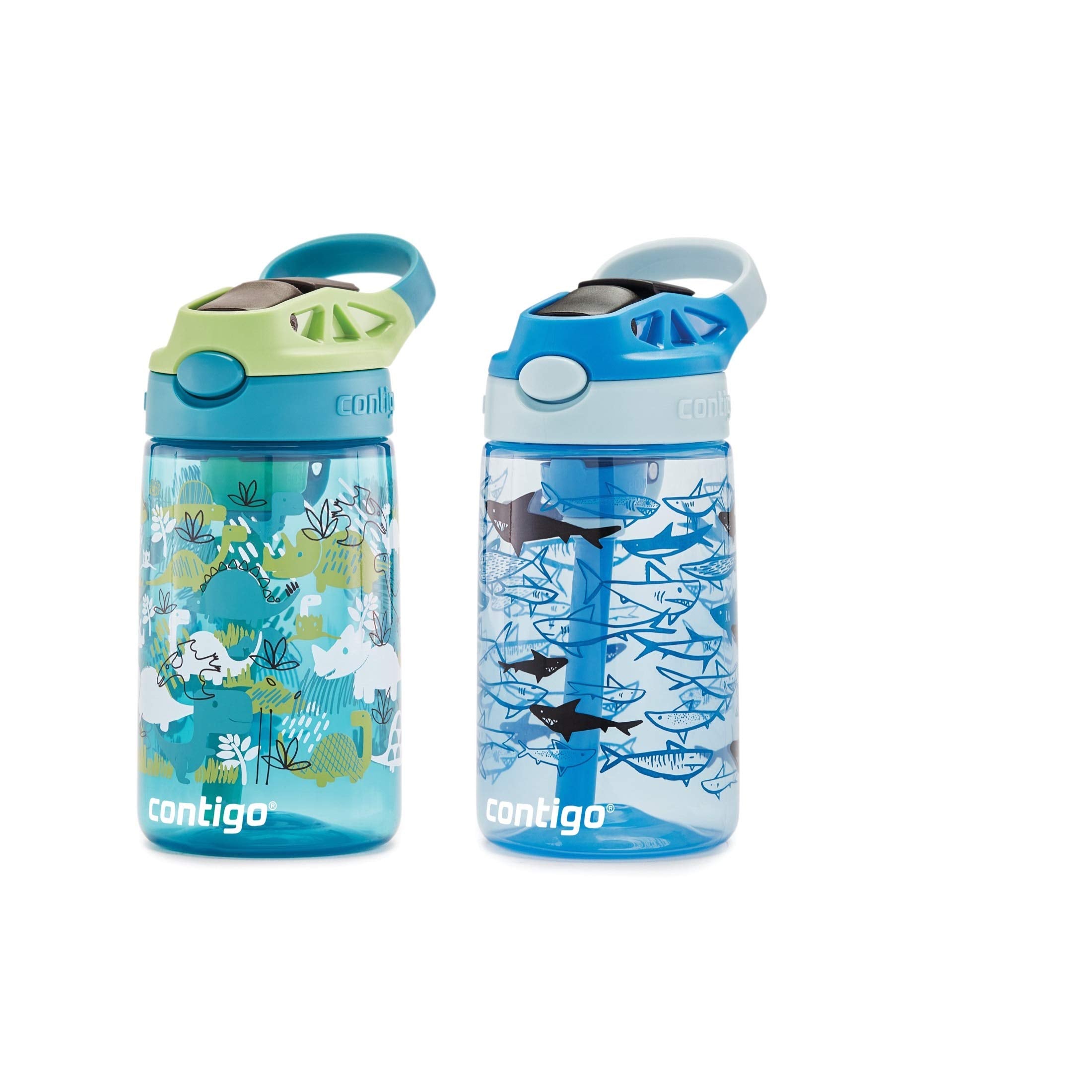 Contigo Aubrey Kids Dinos & Sharks, Cleanable Water Bottle With Silicone Straw, Spill-Proof Lid, Dishwasher Safe, 14Oz 2-Pack