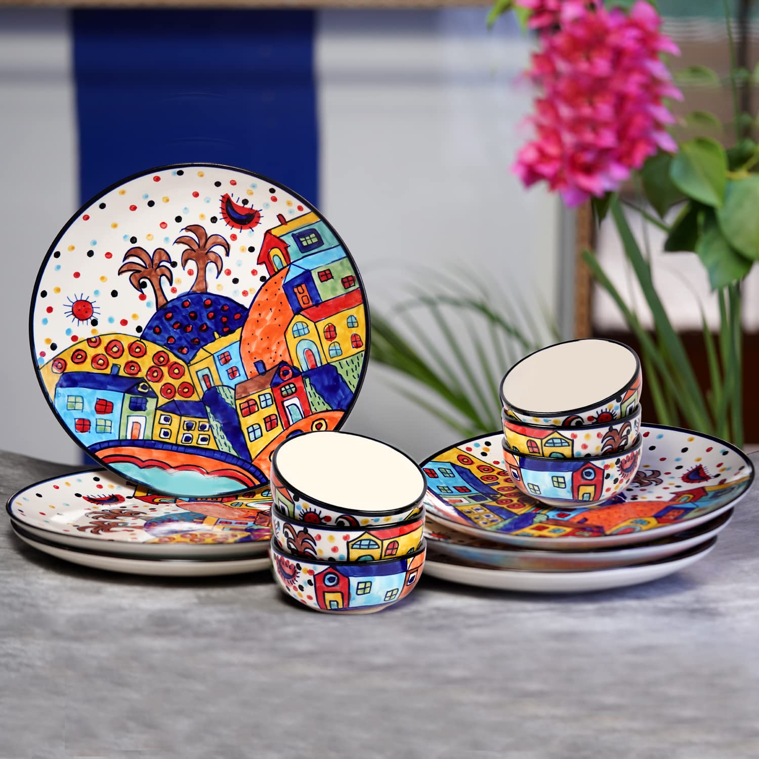 Freakway Hut Family Hand-Painted Glossy Dinner Set Ceramic Stoneware Dinner Set Of 12 Pieces | 6 Dinner Plate 10.3 Inch & 6 Serv
