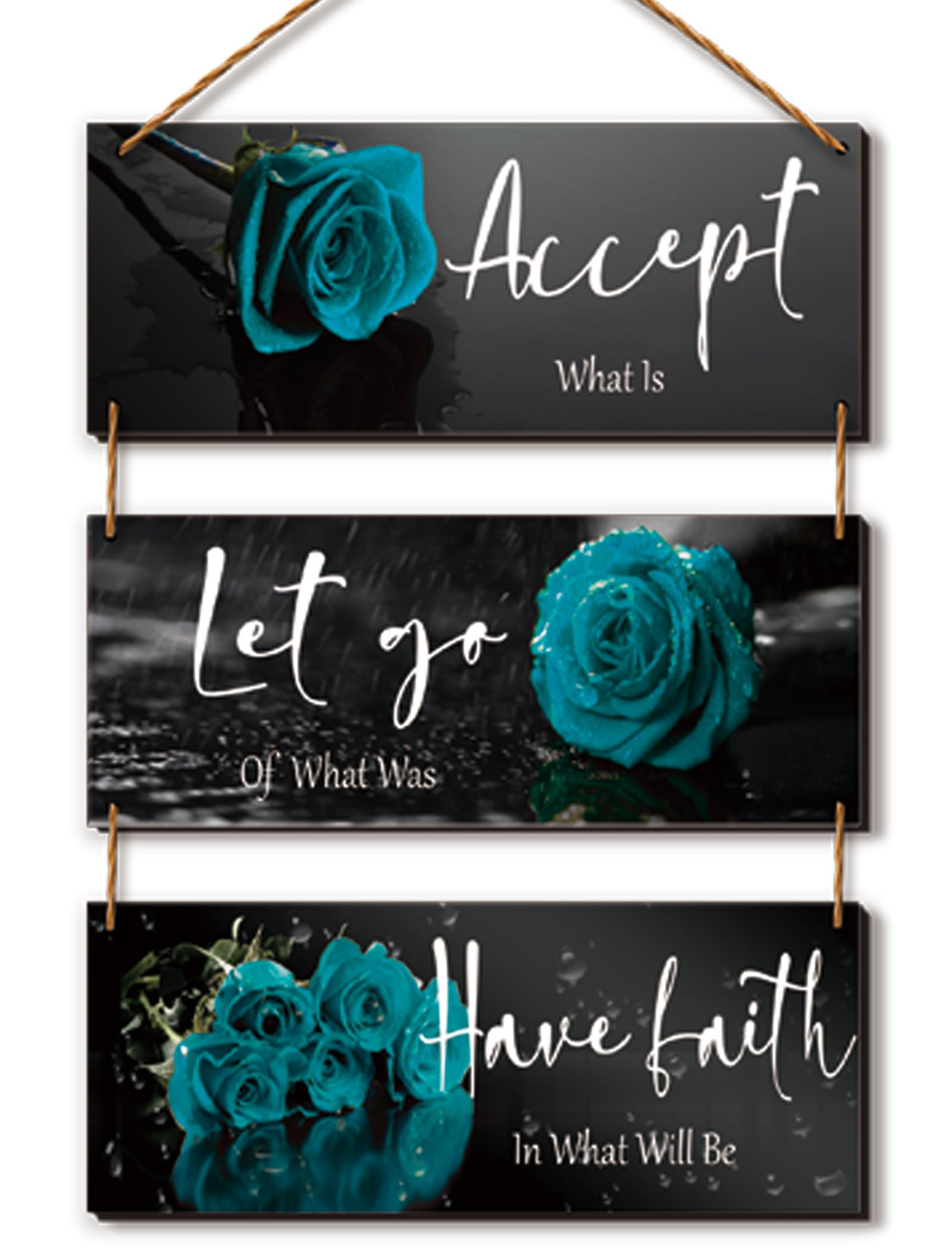3 Pcs Wooden Teal Flower Wall Art - Teal Rose Wall Decor With Inspirational Quotes - For Women, Office, Living Room, Bedroom (10