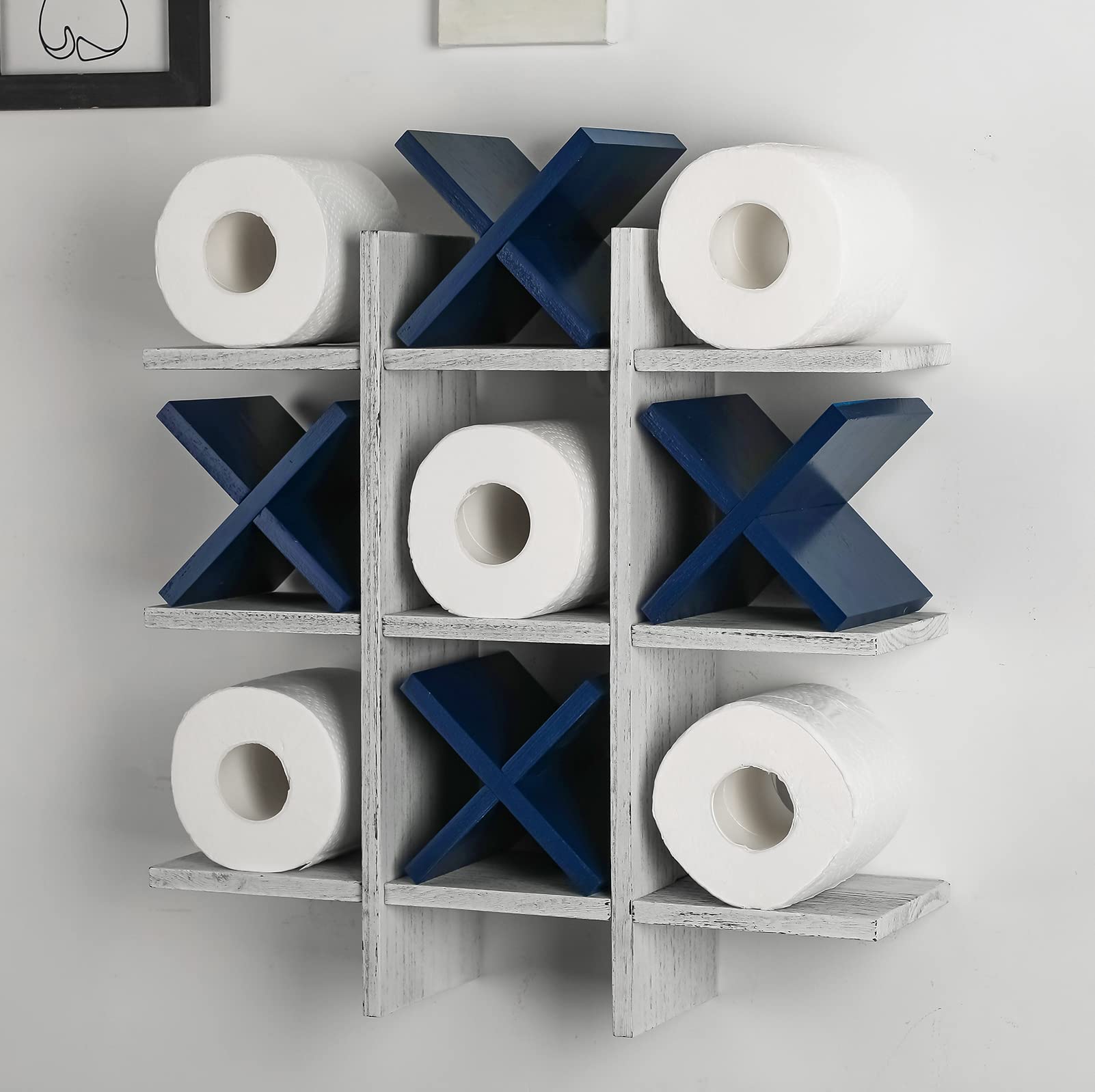 Weysat Tic Tac Toe Toilet Paper Holder Stand Bathroom Wall Decor Rustic Wooden Hanging Storage Freestanding Wall Mounted Shelves