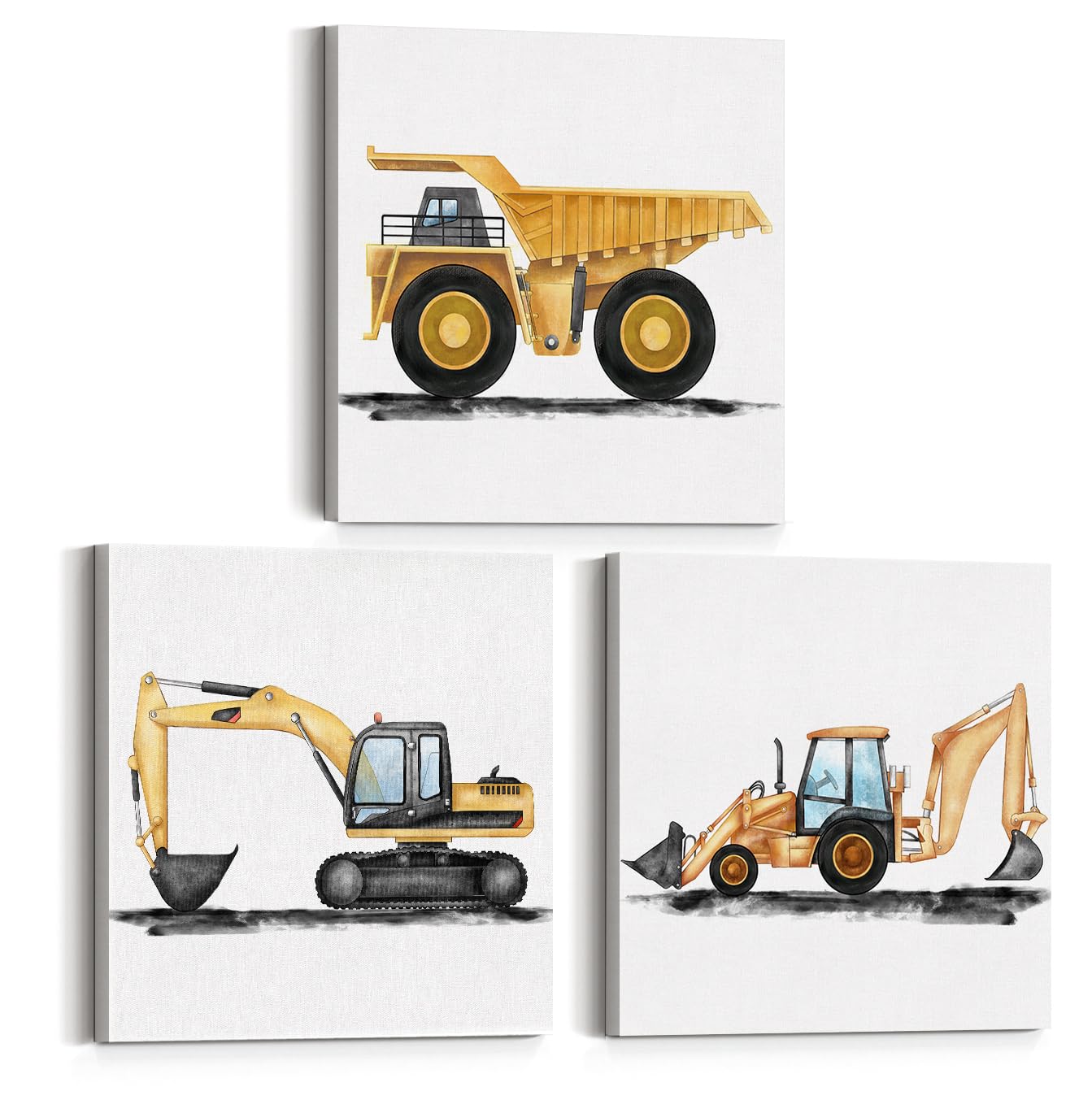 Set Of 3 Construction Nursery Canvas Wall Art Vehicle Framed Paintings Prints Watercolor Dump Truck Tractor Canvas Wall Decor Fo