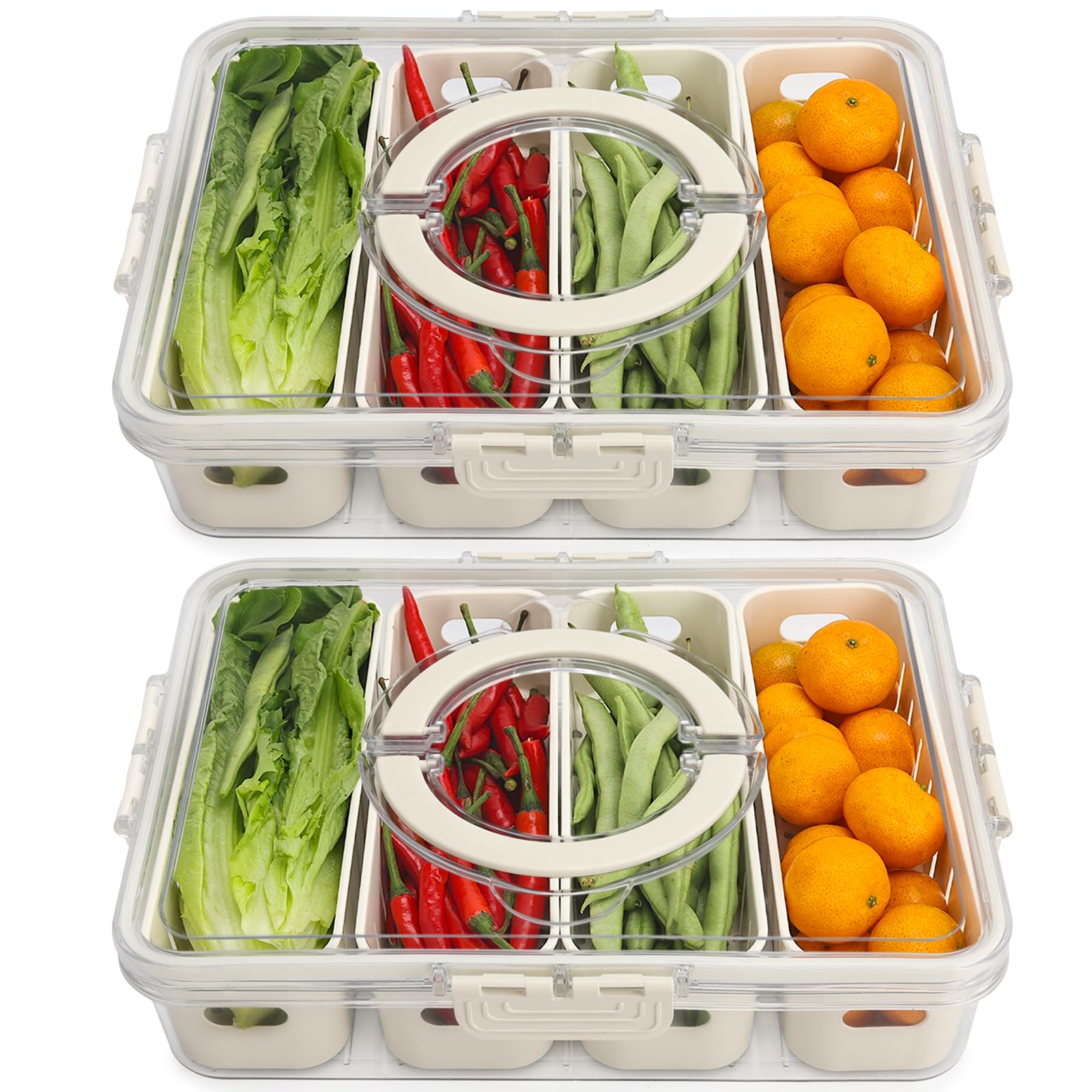 Salad Bar Containers for Fridge with Lid and Handle, Fruit Storage Containers with 4 Removable Colanders, Berry Box Fresh Produc