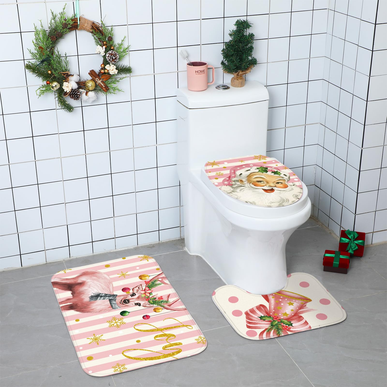 Preboun Pink Christmas Tree Shower Curtain Set 72 X 72 In Xmas Bathroom Curtain With 12 Hooks Non Slip Rug Toilet Lid Cover And