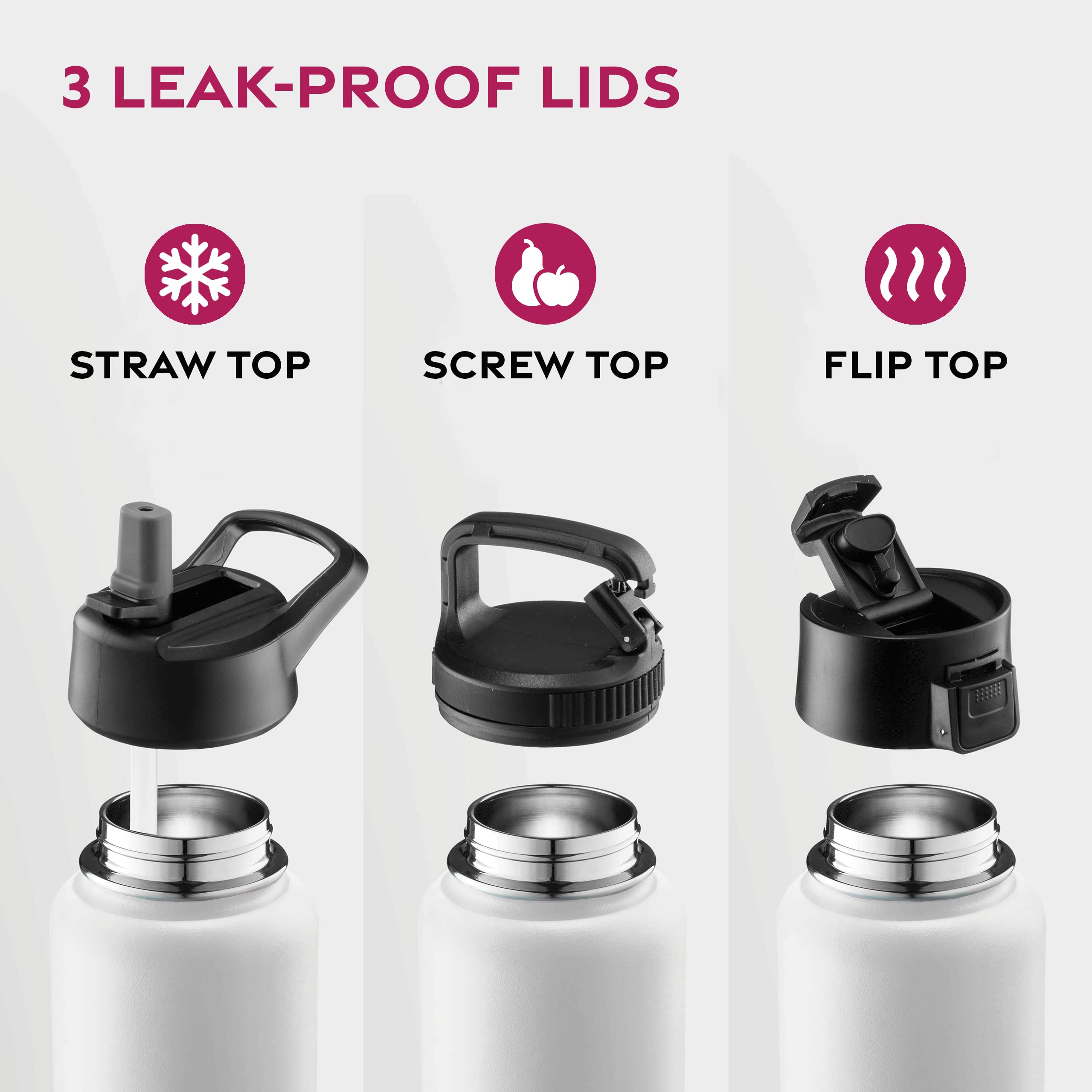 FineDine Triple Walled, Insulated Water Bottles with Straw - 32 Oz Stainless Steel Metal Bottle W/ 3 Leak Proof Lids - For Trave