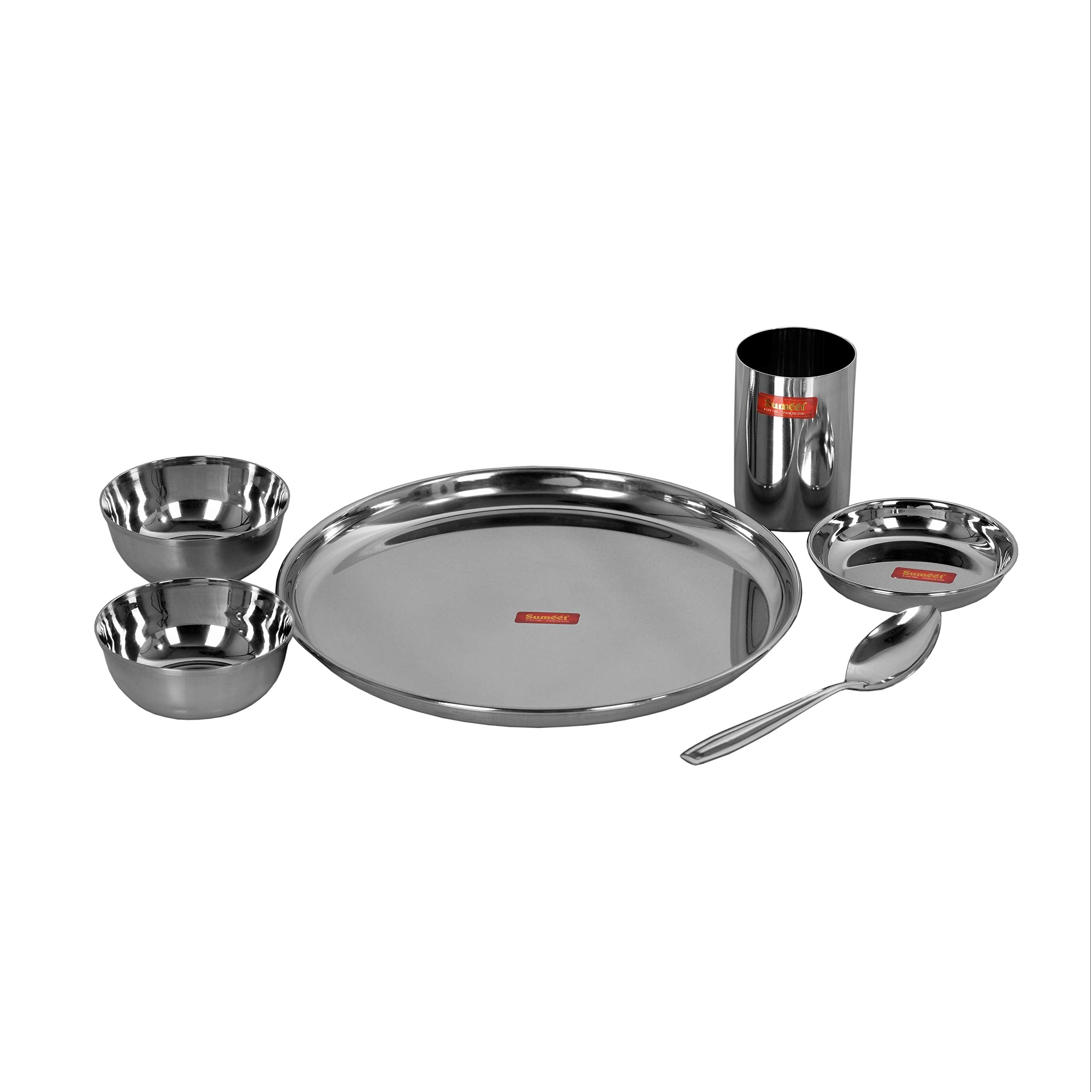Sumeet Stainless Steel Heavy Gauge Mirror Finish Dinner Set Of 6 Pcs (1 Plate, 1 Small/Halwa Plate, 2 Bowl/Wati, 1 Glass, 1 Spoo