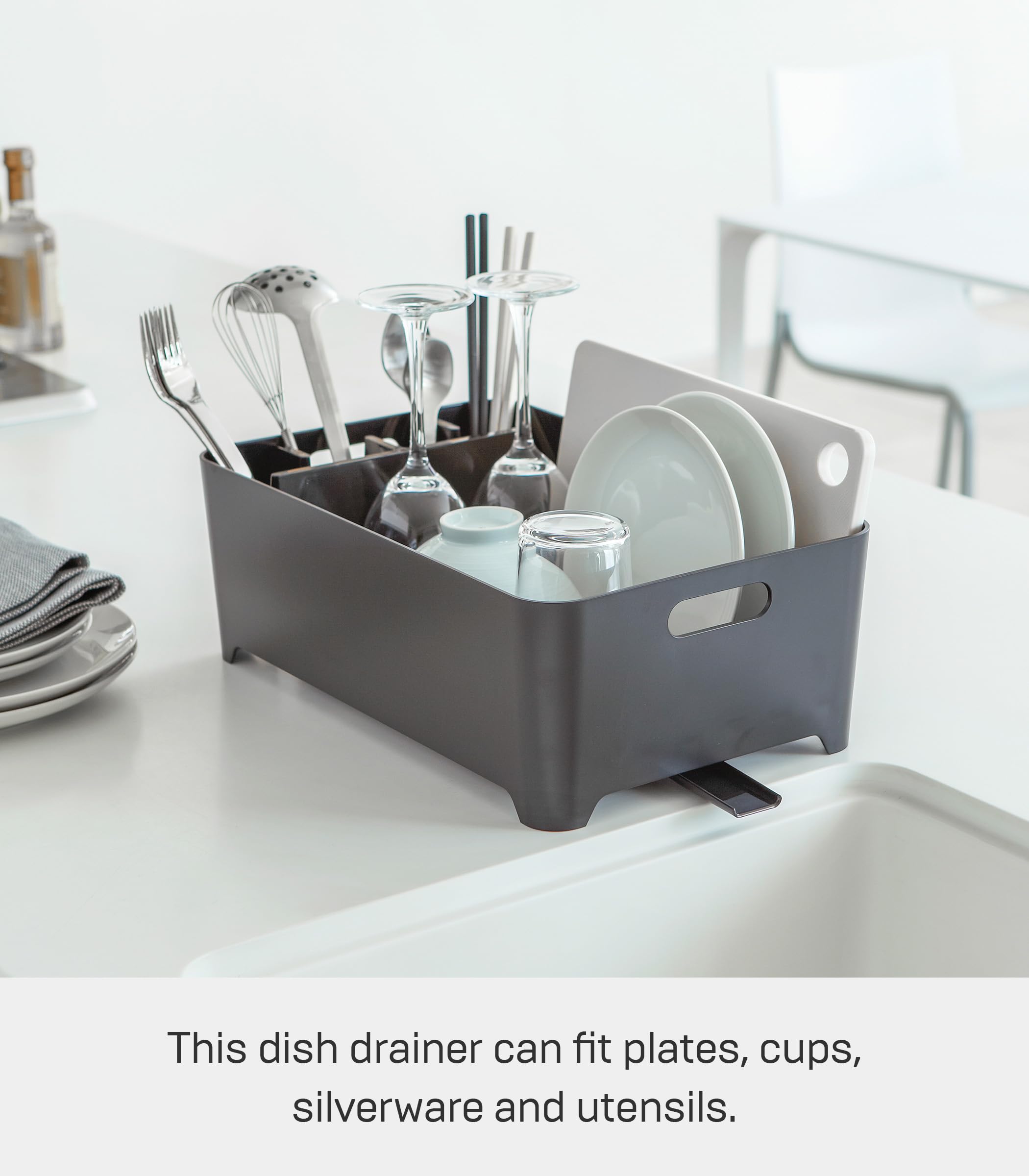 Yamazaki Home Tower Dish Drying Rack For Small Household Kitchen Counters With Drainage Spout, Built-In Utensils Holder - Abs Pl