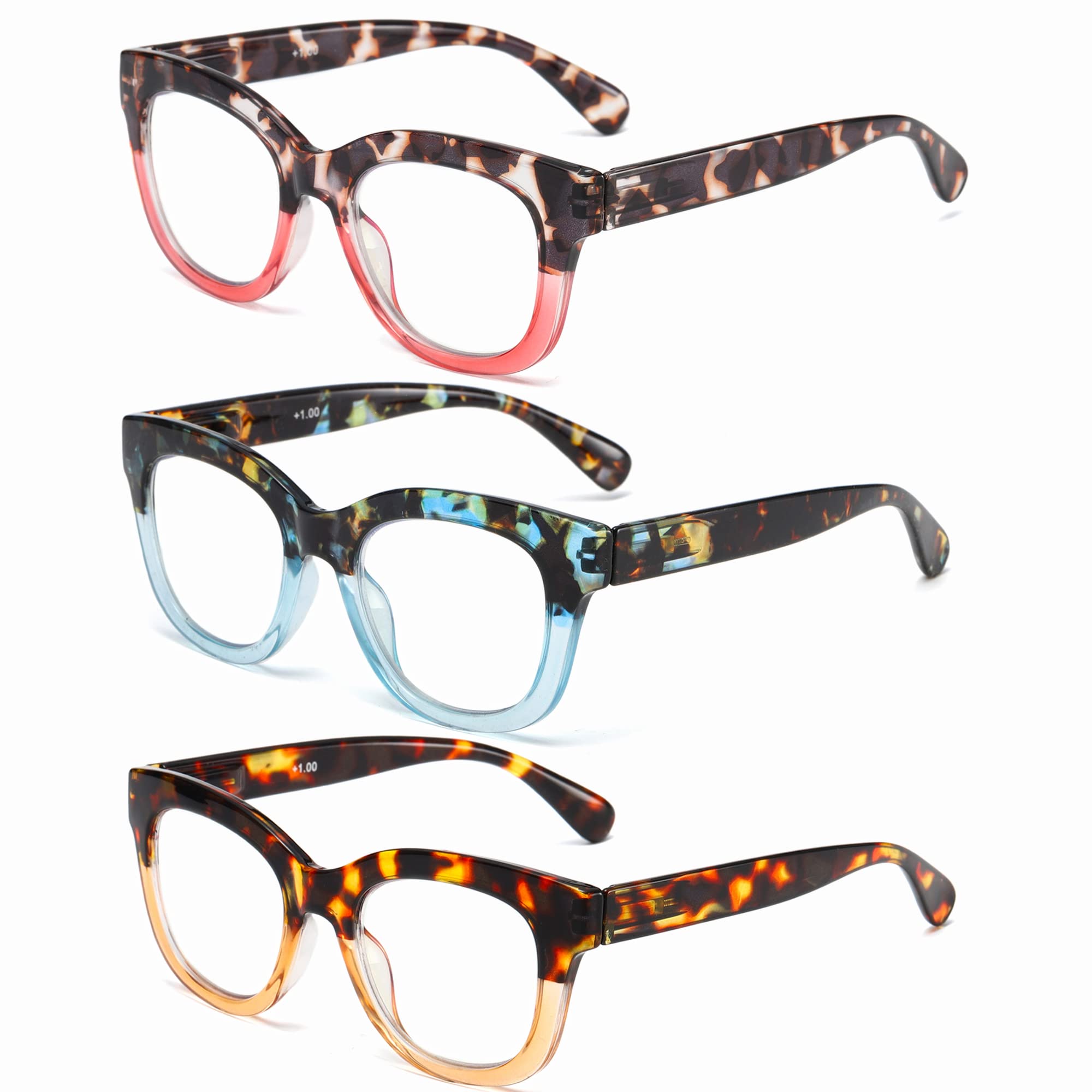 Zxyoo Oversized Reading Glasses For Women,3 Pack Blue Light Blocking Computer Spring Hinge Readers(Yellow Sunsetblue Sunsetpink