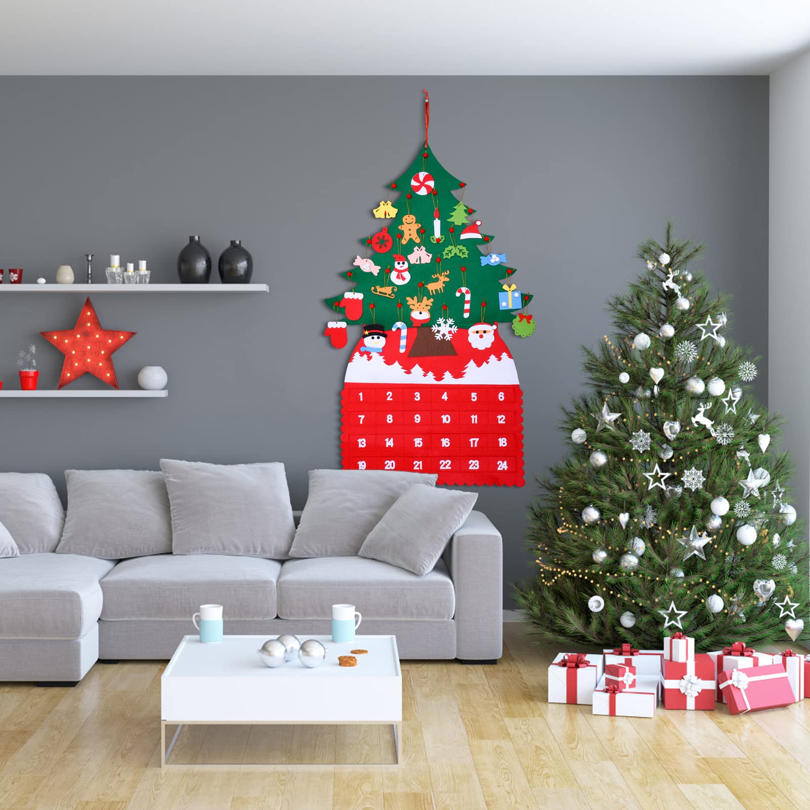 Christmas Tree Advent Calendar (2024 New), 24 Days Countdown to Christmas Felt Fabric Advent Calendar with 24 Ornaments & Pocket