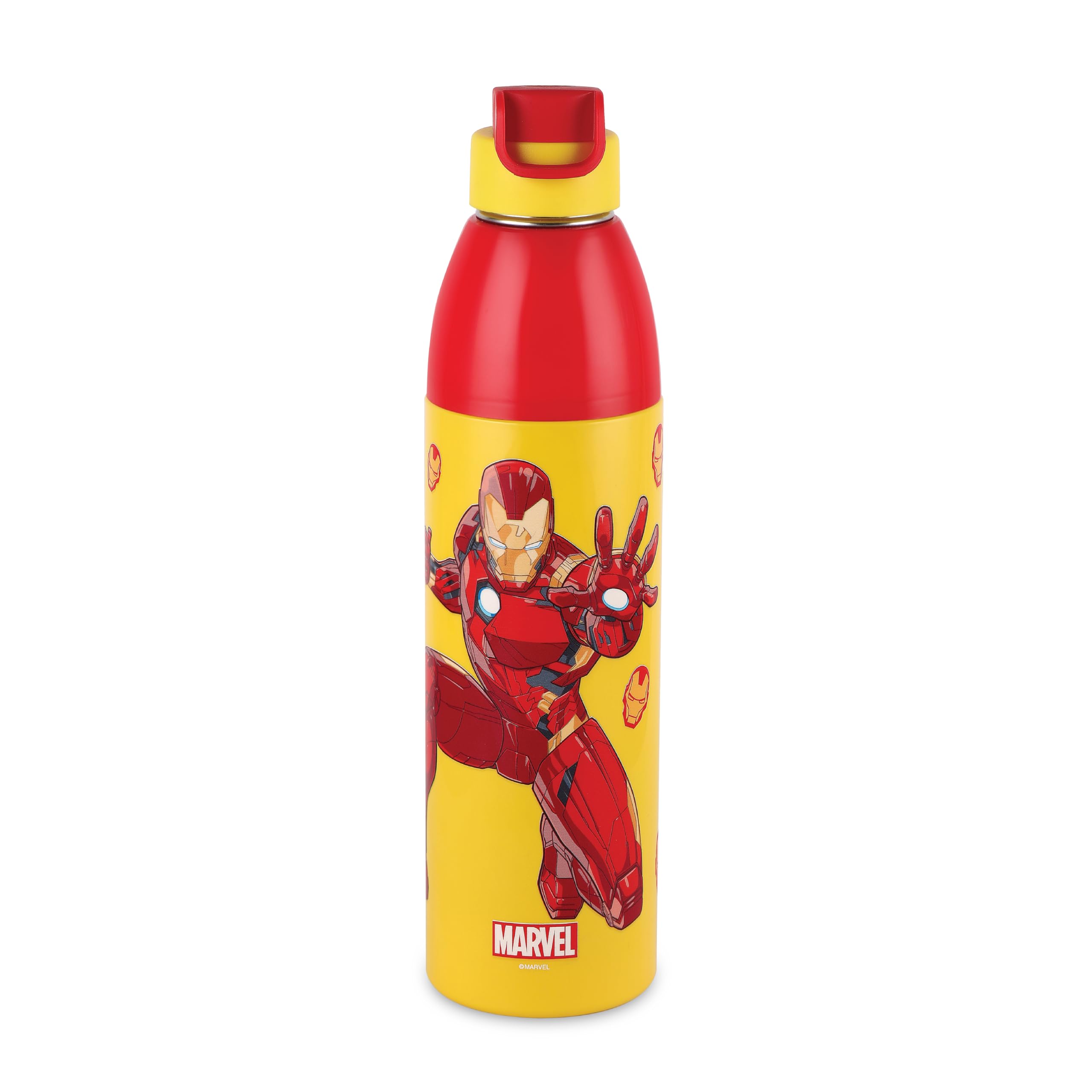 Cello Kidzbee Uranus 900 Iron Man Print Water Bottle 680Ml, Yellow | 3D Touch & Feel Iron Man Design |Pu Insulated Inner Steel, 