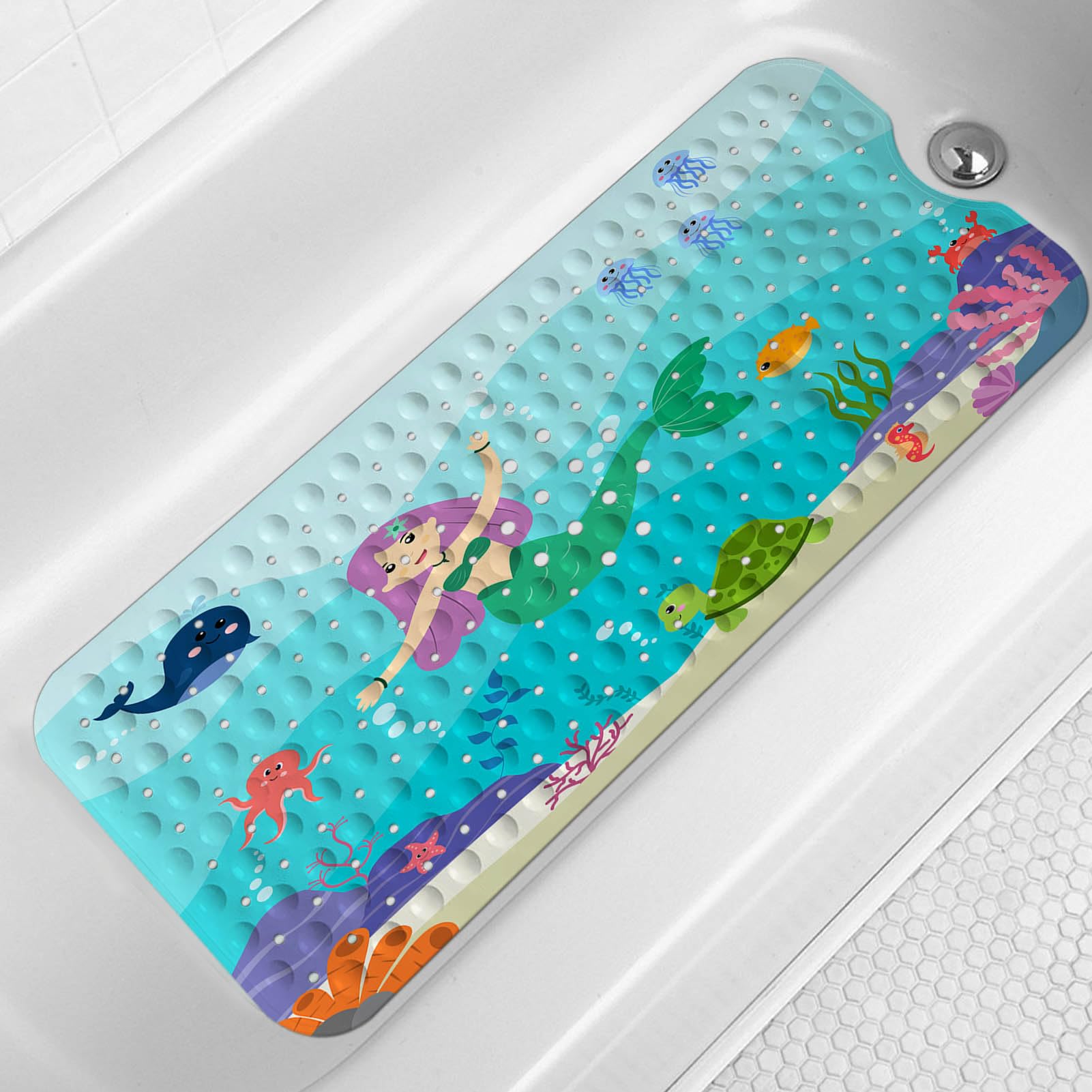 Lnond Bath Mat For Tub For Kids, Ocean Mermaid Kids Bathtub Mat, Kids Bath Mats For Bathroom Non Slip With Drain Holes And Sucti