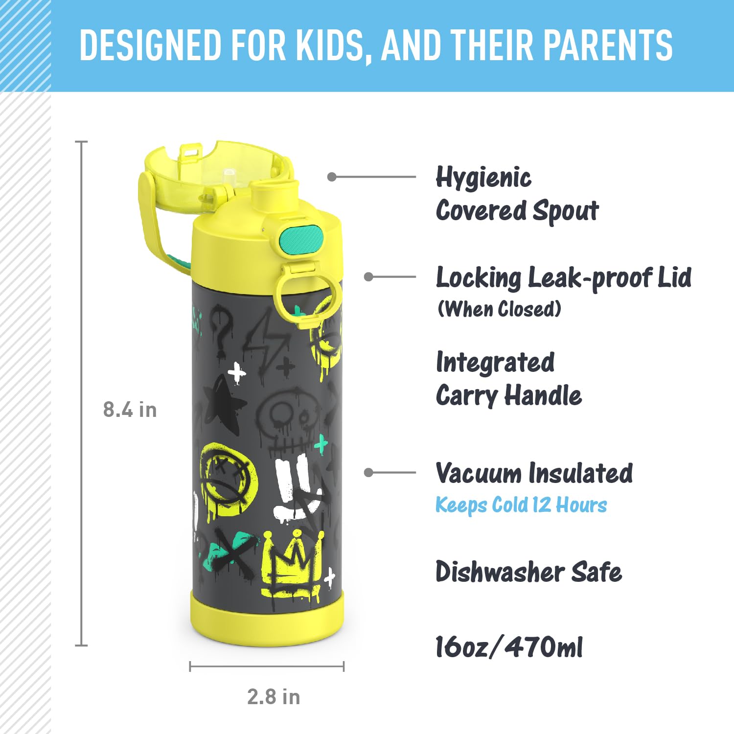 Thermos Funtainer 16 Ounce Stainless Steel Vacuum Insulated Bottle With Wide Spout Lid, Graffiti Boy