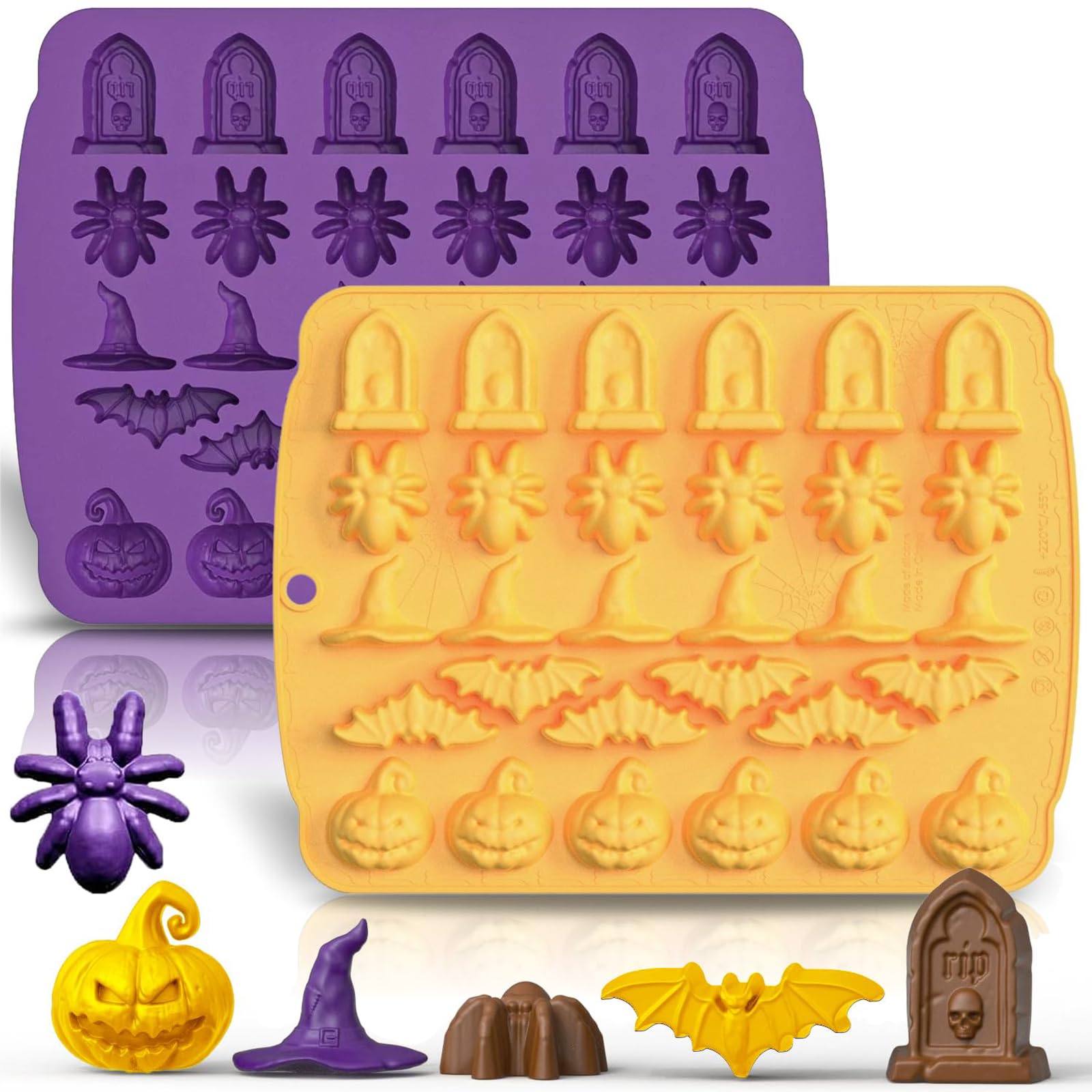 Rominvic Halloween Chocolate Mold Silicone,30 Cavity Candy Gummy Mold With Pumpkin Wizard Hat Bat Spider Tombstone For Baking Ch