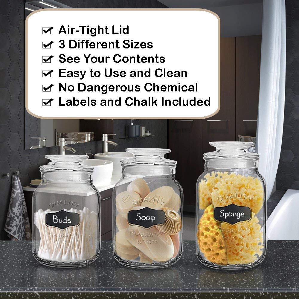 Glass Canister Set For Kitchen Or Bathroom With Airtight Lid And Chalkboard Labels, Apothecary Glass Food Storage Jars,Set Of 3